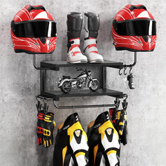Forjarn helmet rack wall-mount full view showing compact, organized storage.