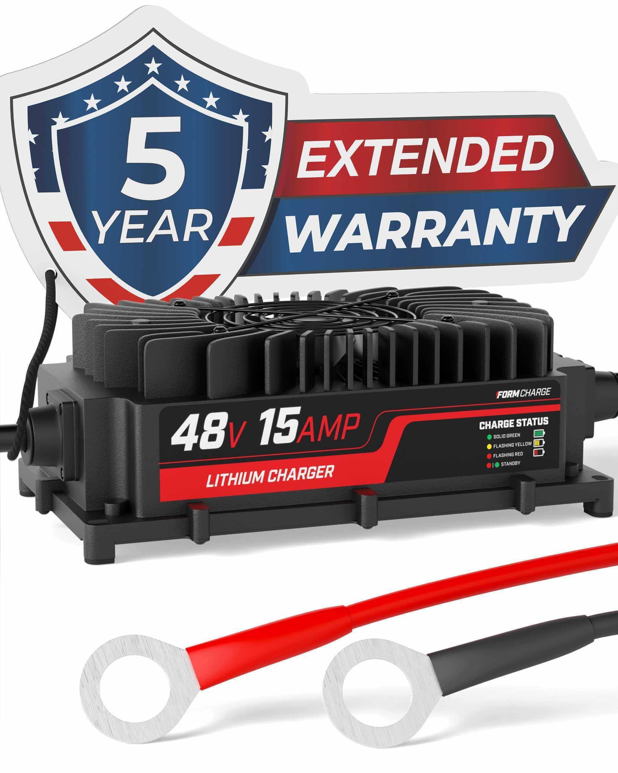 FORM 48V charger mounted onboard with ring terminals for easy installation and dependable power