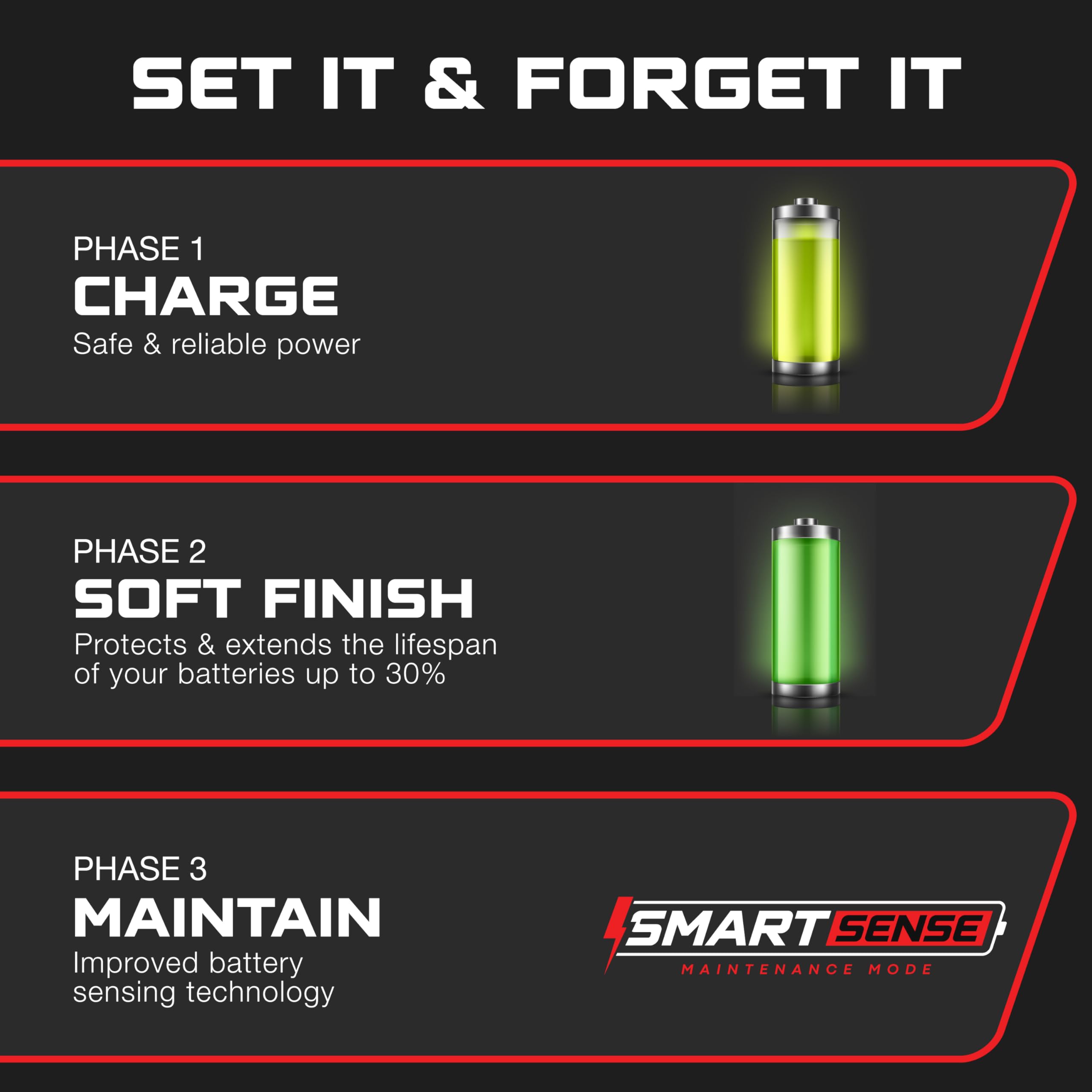FORM Set it Forget it maintenance mode preserves battery health with automatic shutdown.