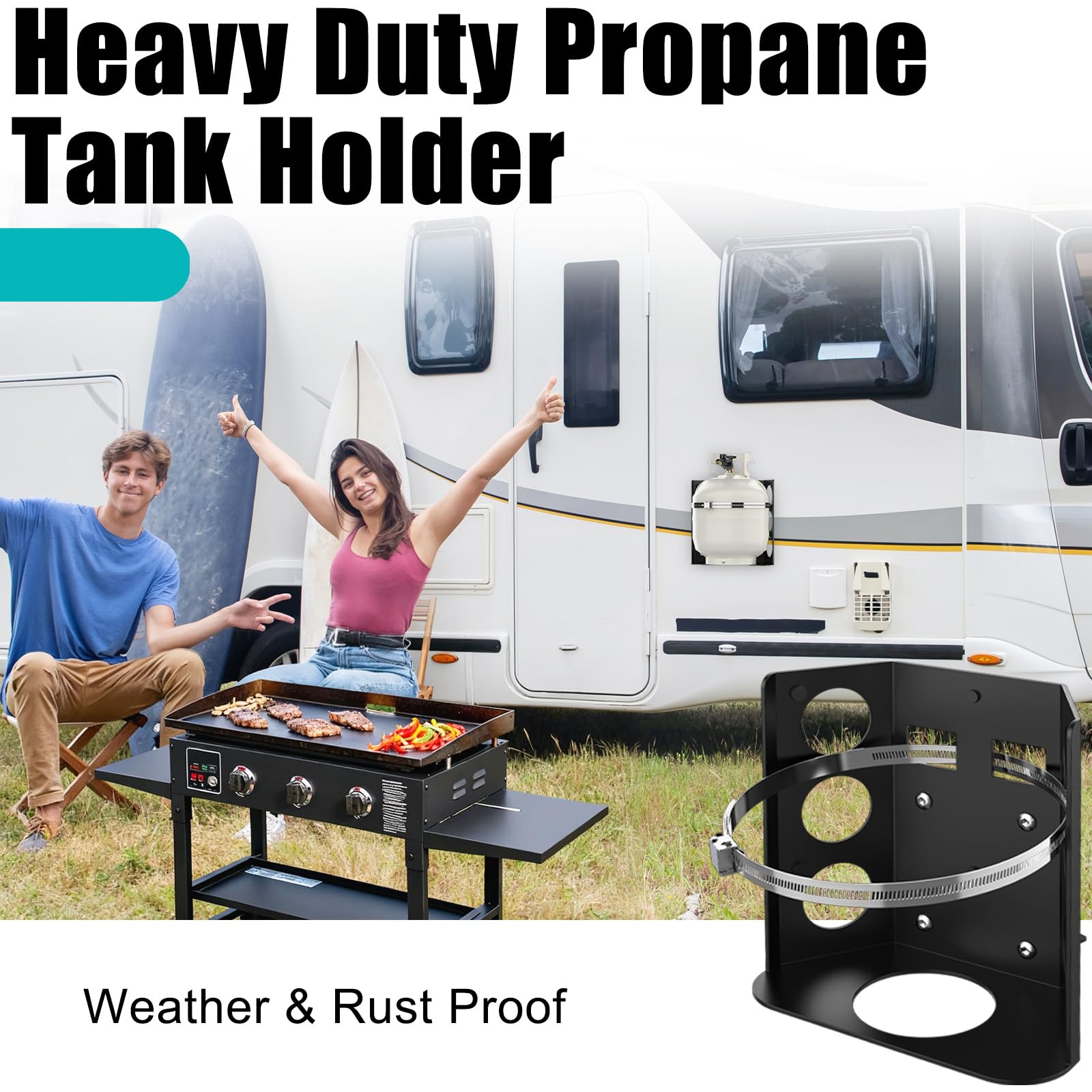 FOROIRON stainless-steel clamp securing a propane tank