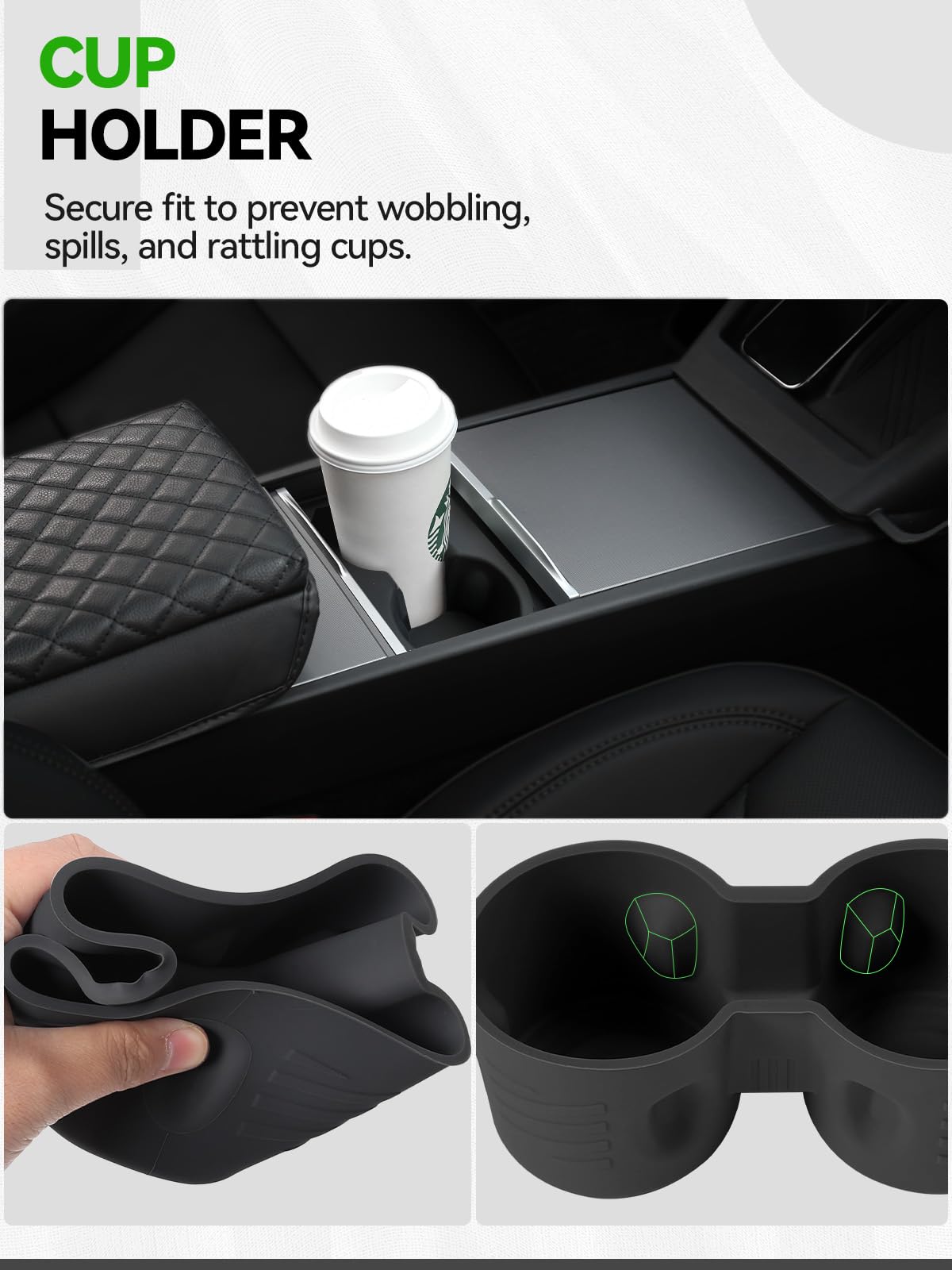 Foronetry cup holder insert keeps drinks steady during drive.