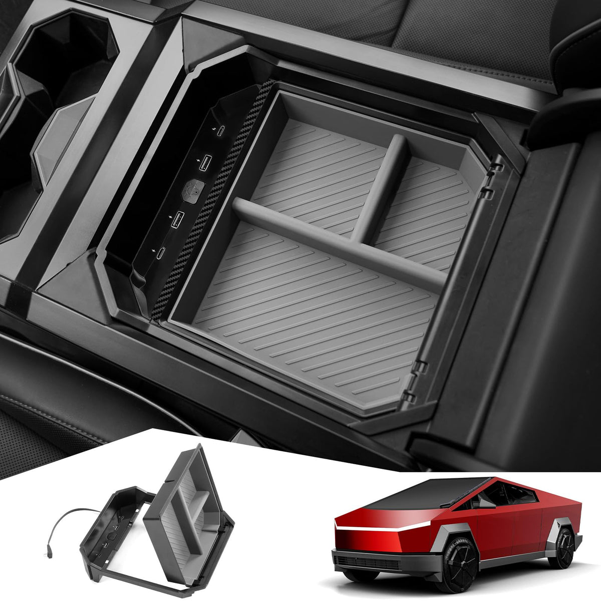 Foronetry center console organizer tray helps Cybertruck cockpit stay organized and accessible.