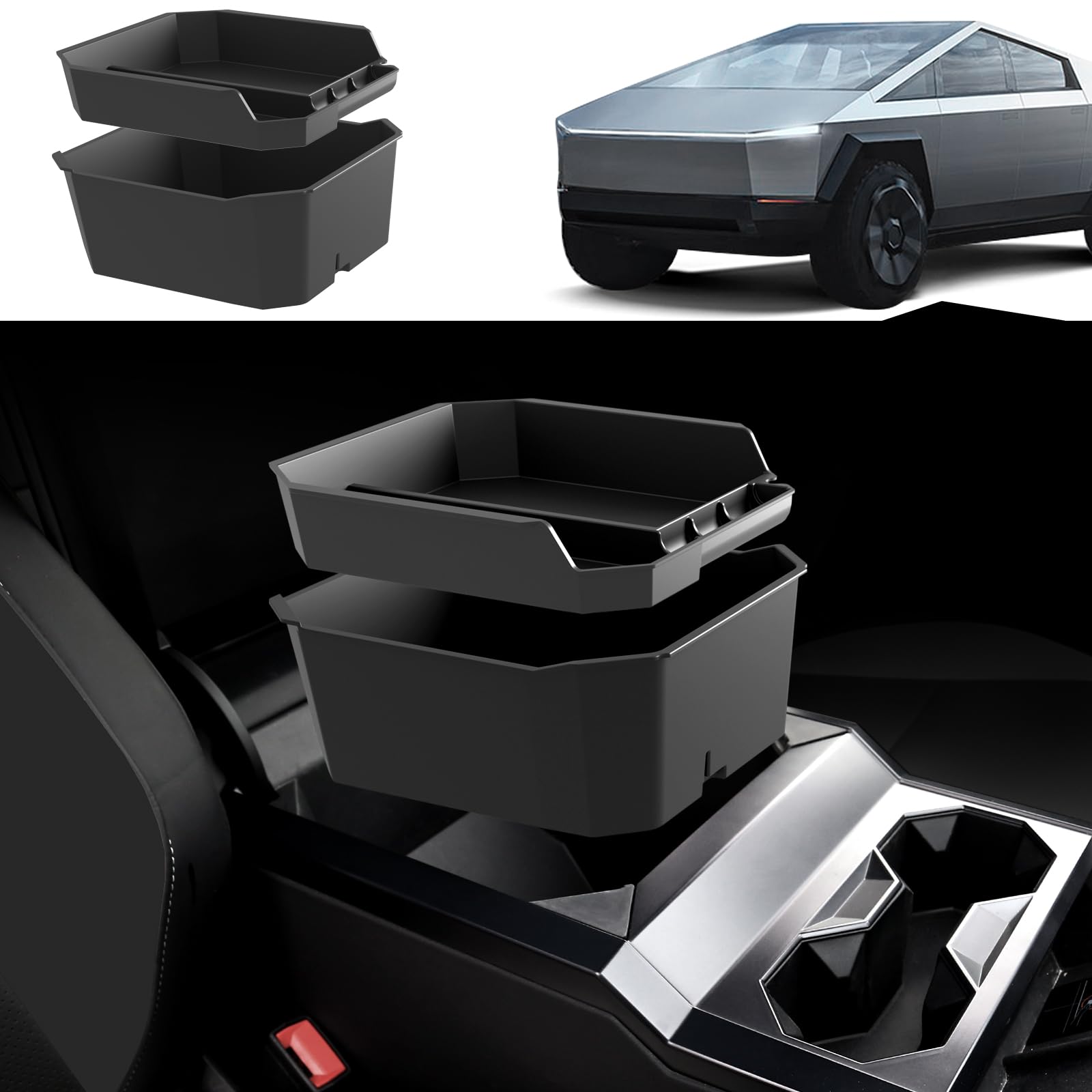 Foronetry Cybertruck double-layer console organizer fits precisely for 2024–2026 models.
