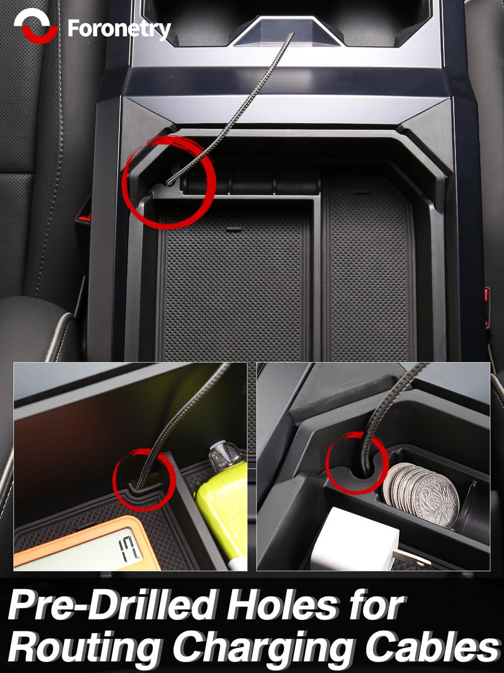 Foronetry Cybertruck hidden charging port design preserves styling while organizing cables.
