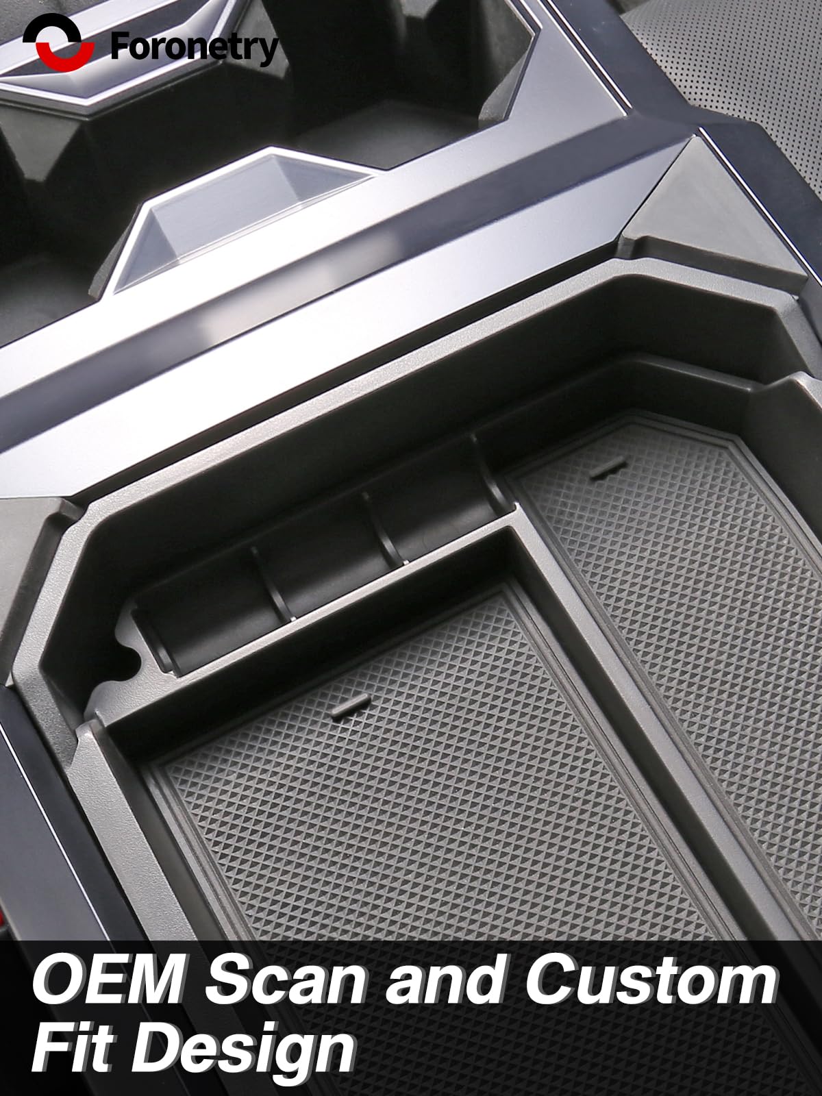 Foronetry Cybertruck organizer in use shows tidy center console with compartments.