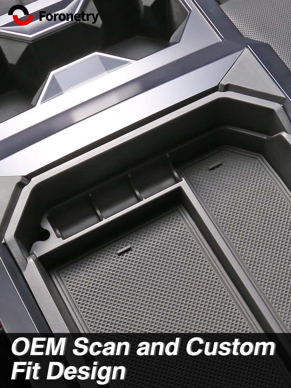 Foronetry Cybertruck organizer in use shows tidy center console with compartments.