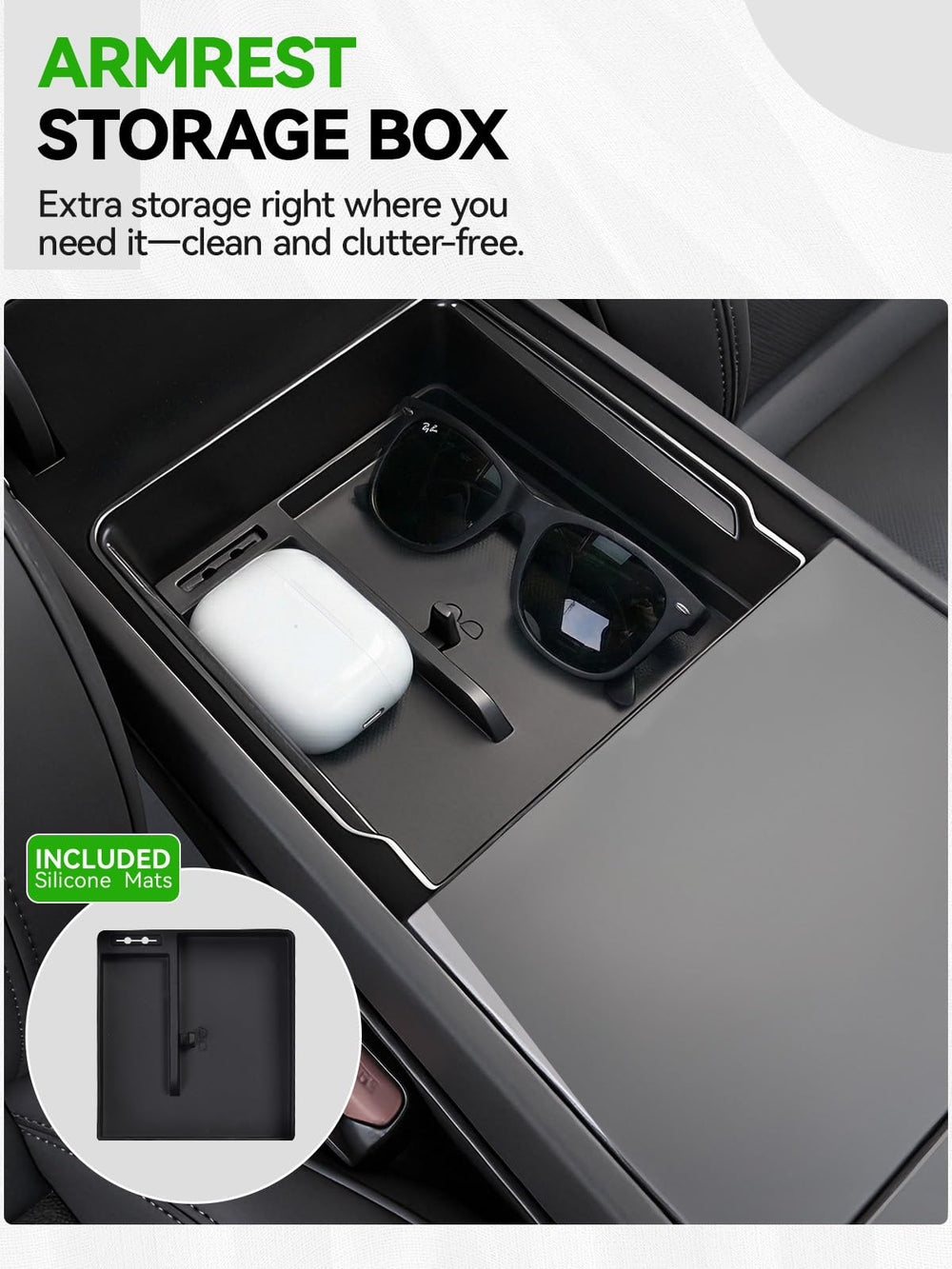 Foronetry silicone liner for armrest compartment guards against spills and wear.