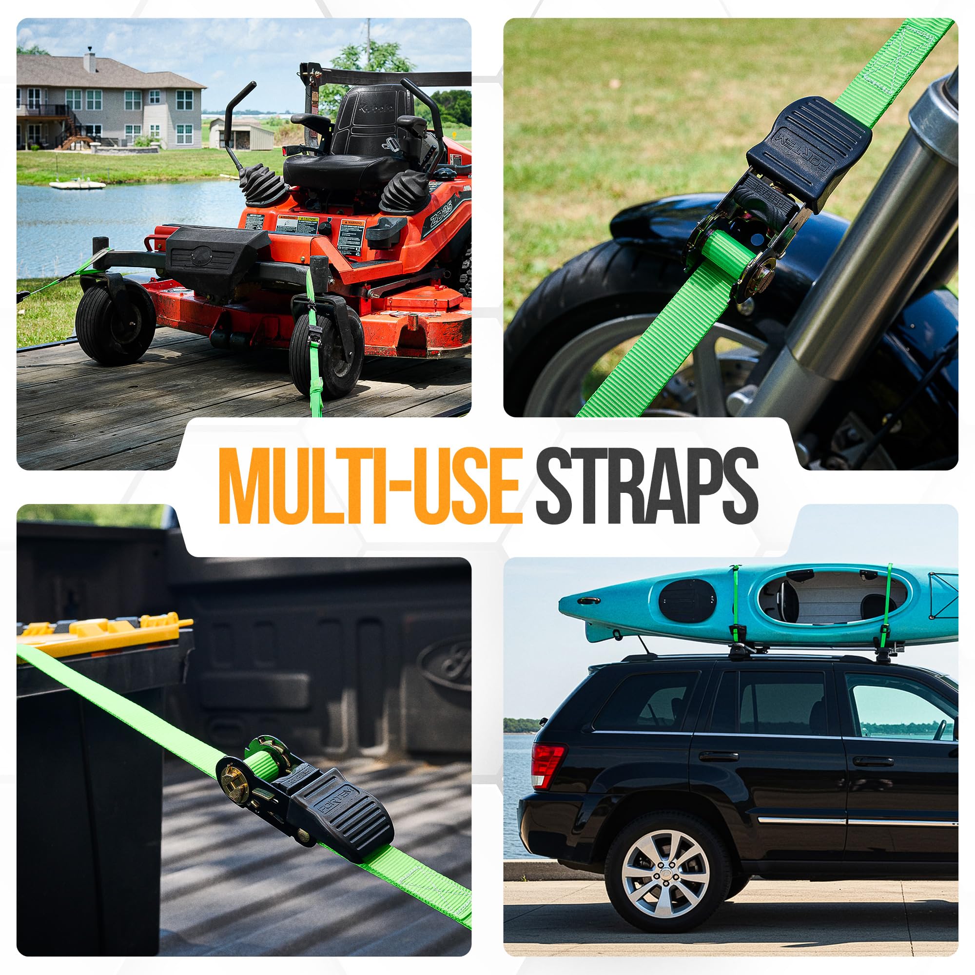 FORTEM 4-pack 1in 15ft strap set ready for motorcycle, kayak, or box securing