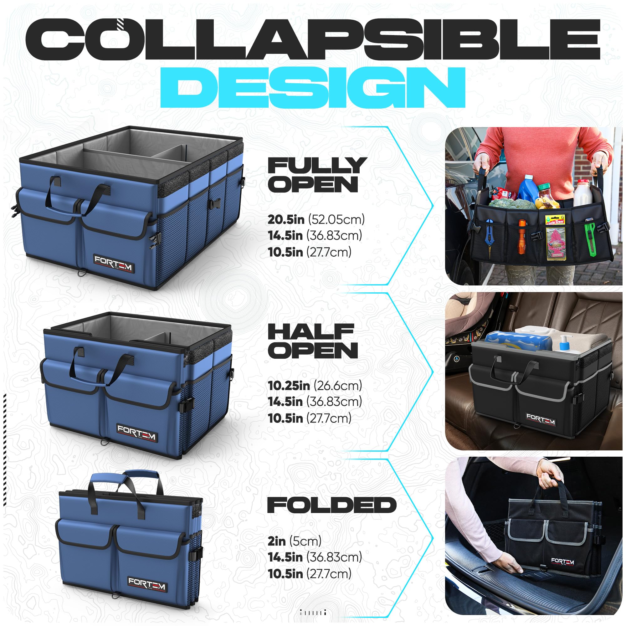 FORTEM secure straps hold the trunk organiser steady during groceries and trips.