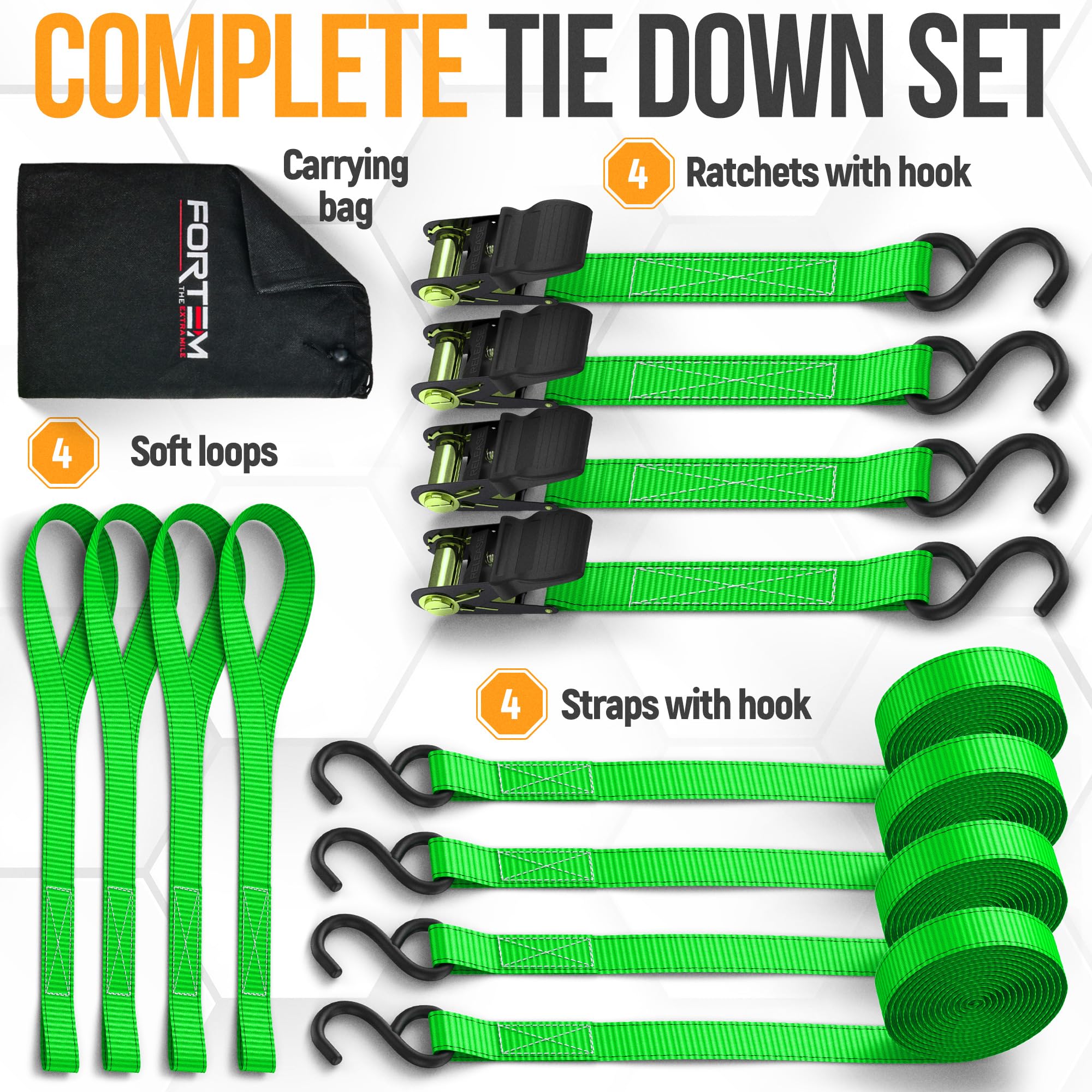 FORTEM green polyester webbing delivers durable tie down performance