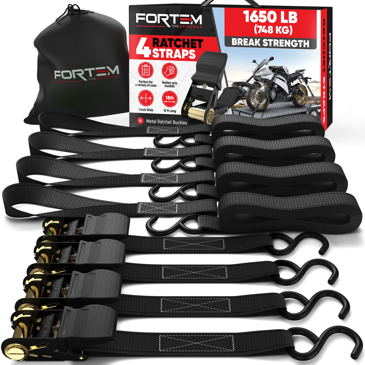 FORTEM Ratchet Straps 15ft 1in in package for easy storage and quick setup.
