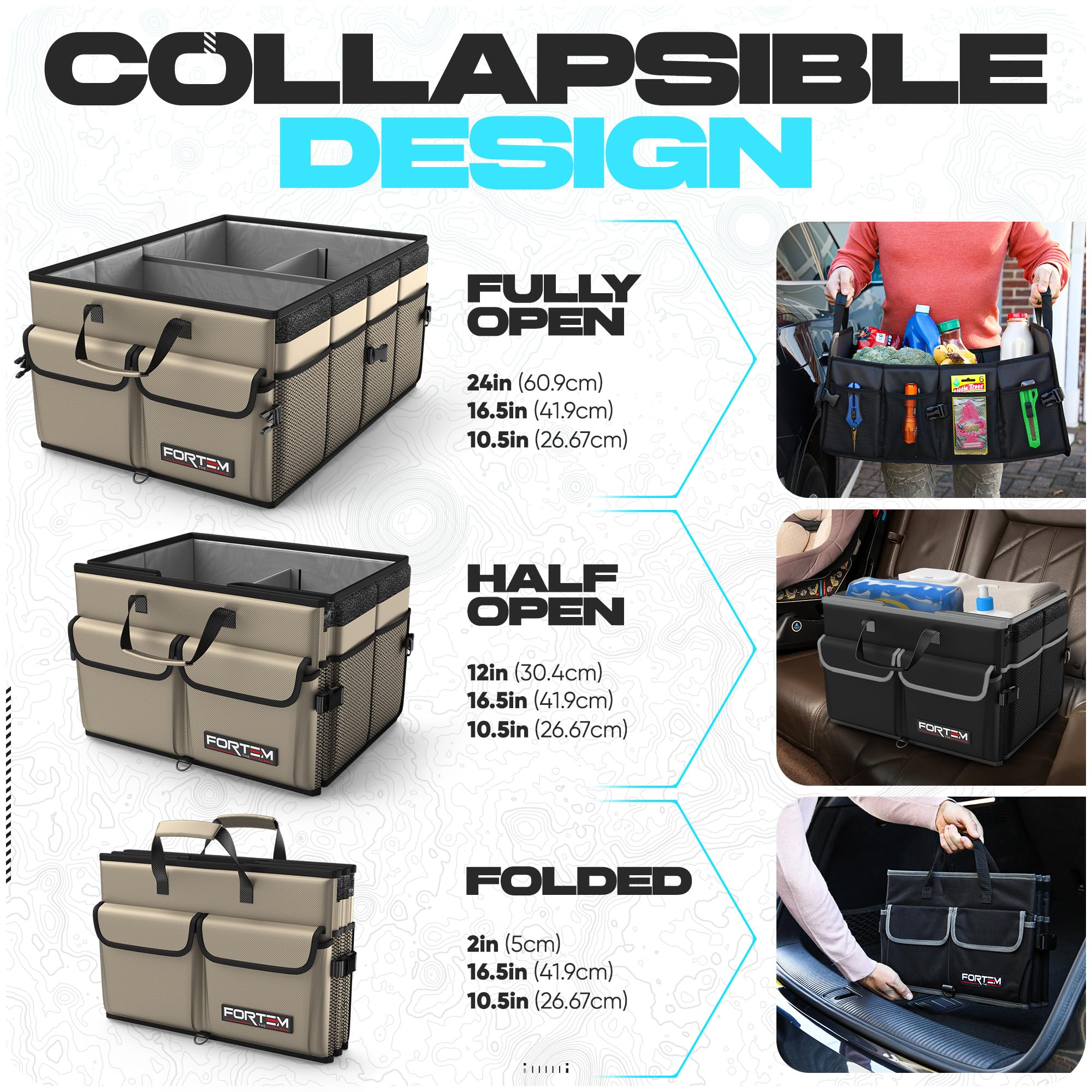 FORTEM trunk organizer highlights 65L capacity for groceries or gear