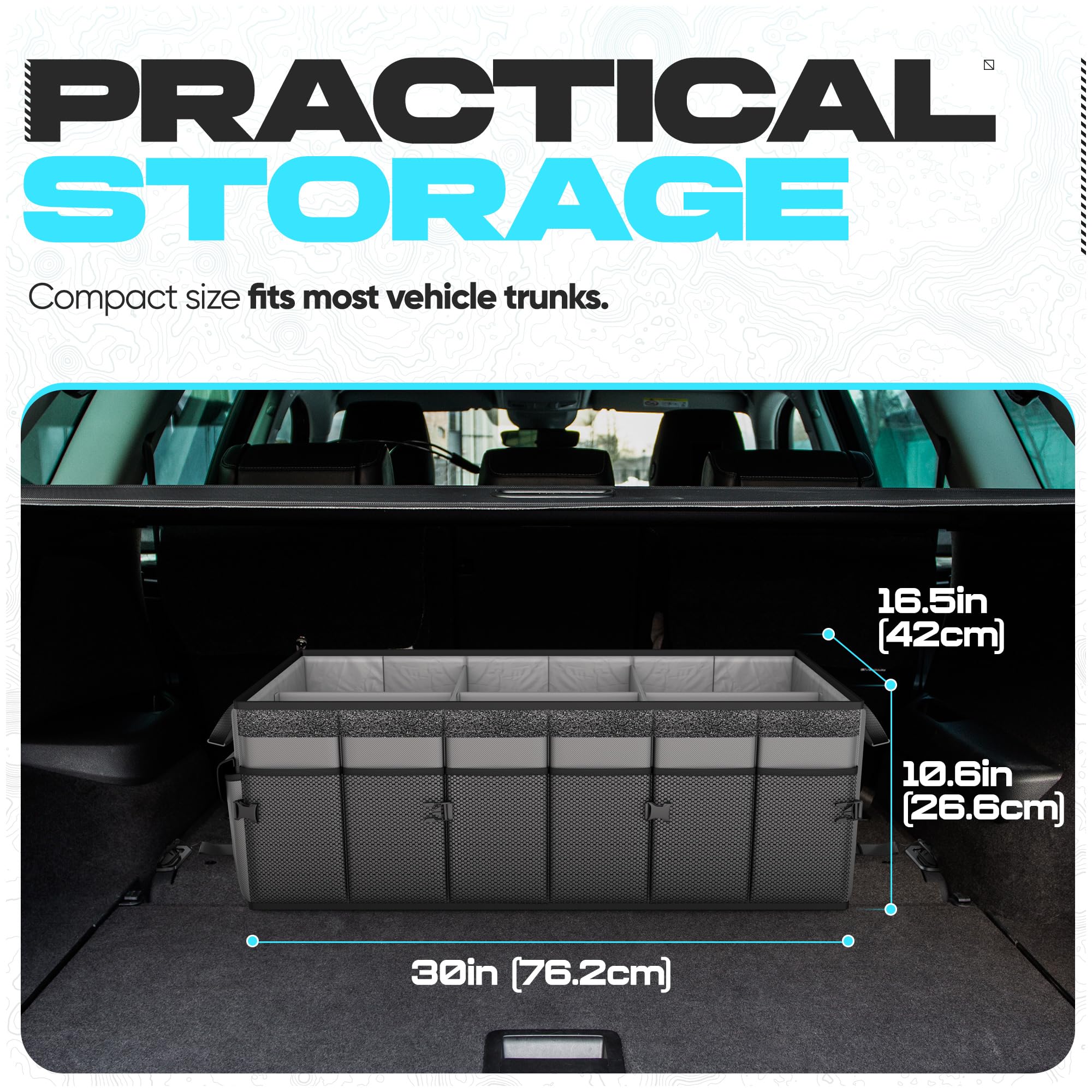 FORTEM trunk organizer adjustable straps secure in your trunk.