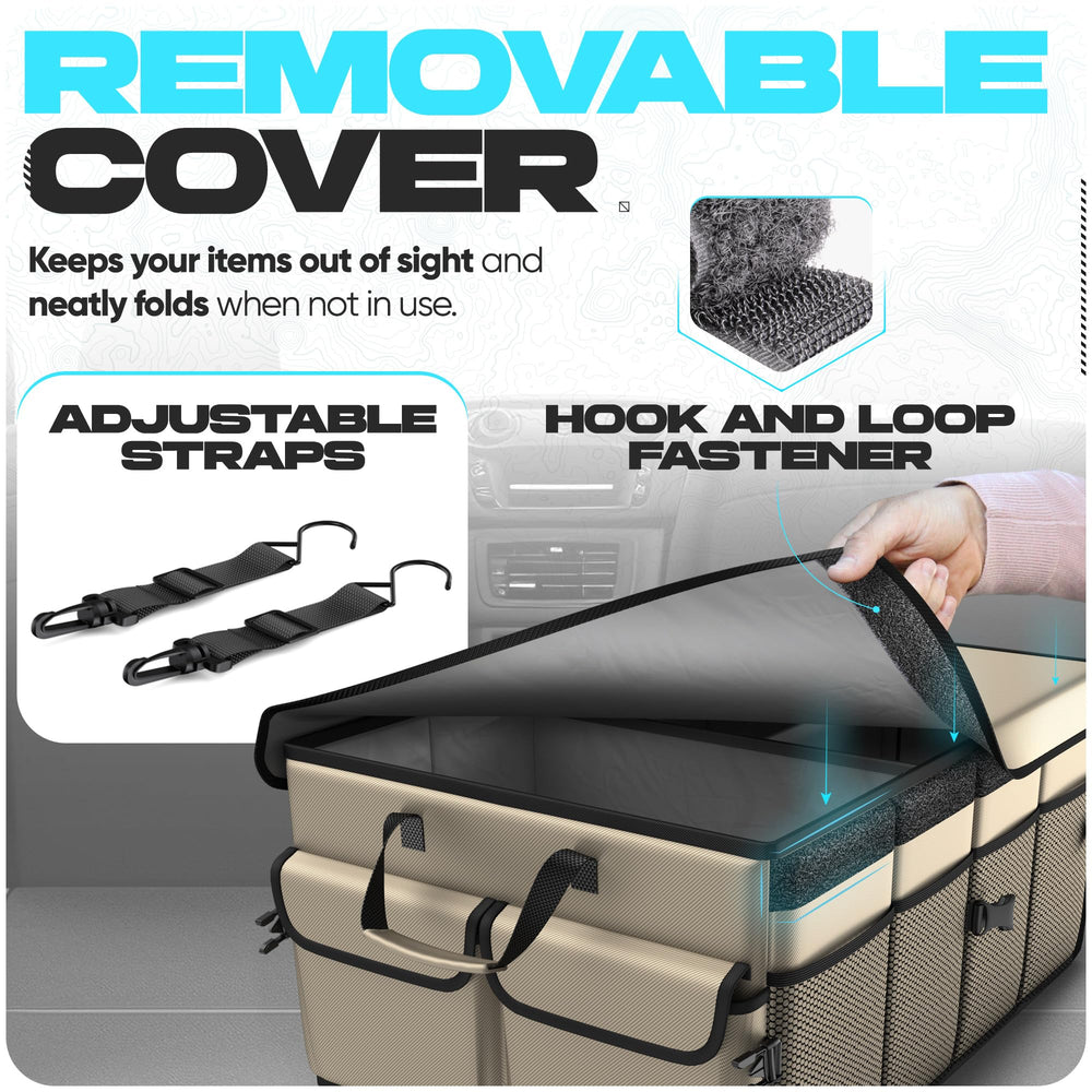 FORTEM trunk organizer collapsed to one compartment for portability