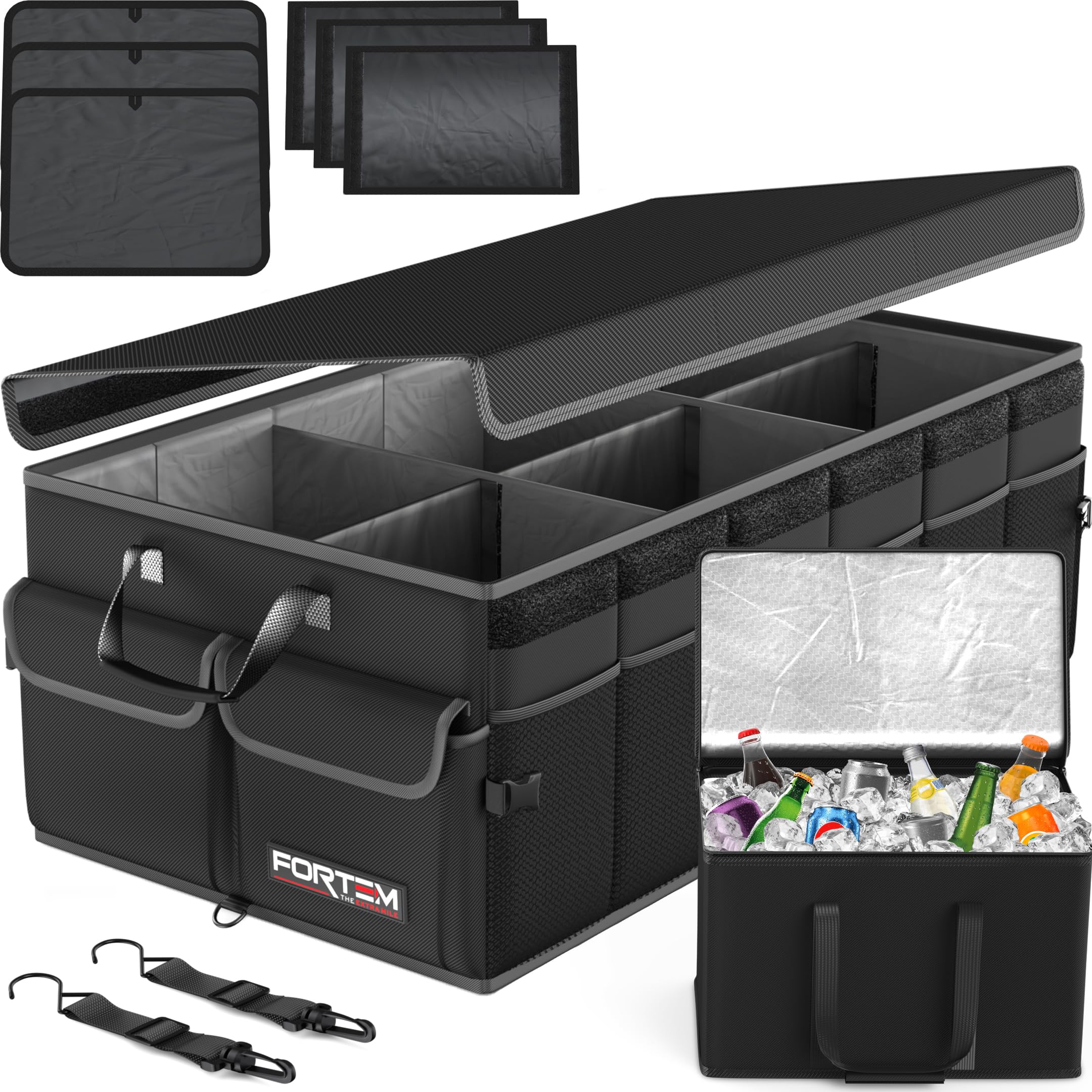 FORTEM Trunk Organizer with Cooler shows a 20L cooler and sturdy base for SUV storage