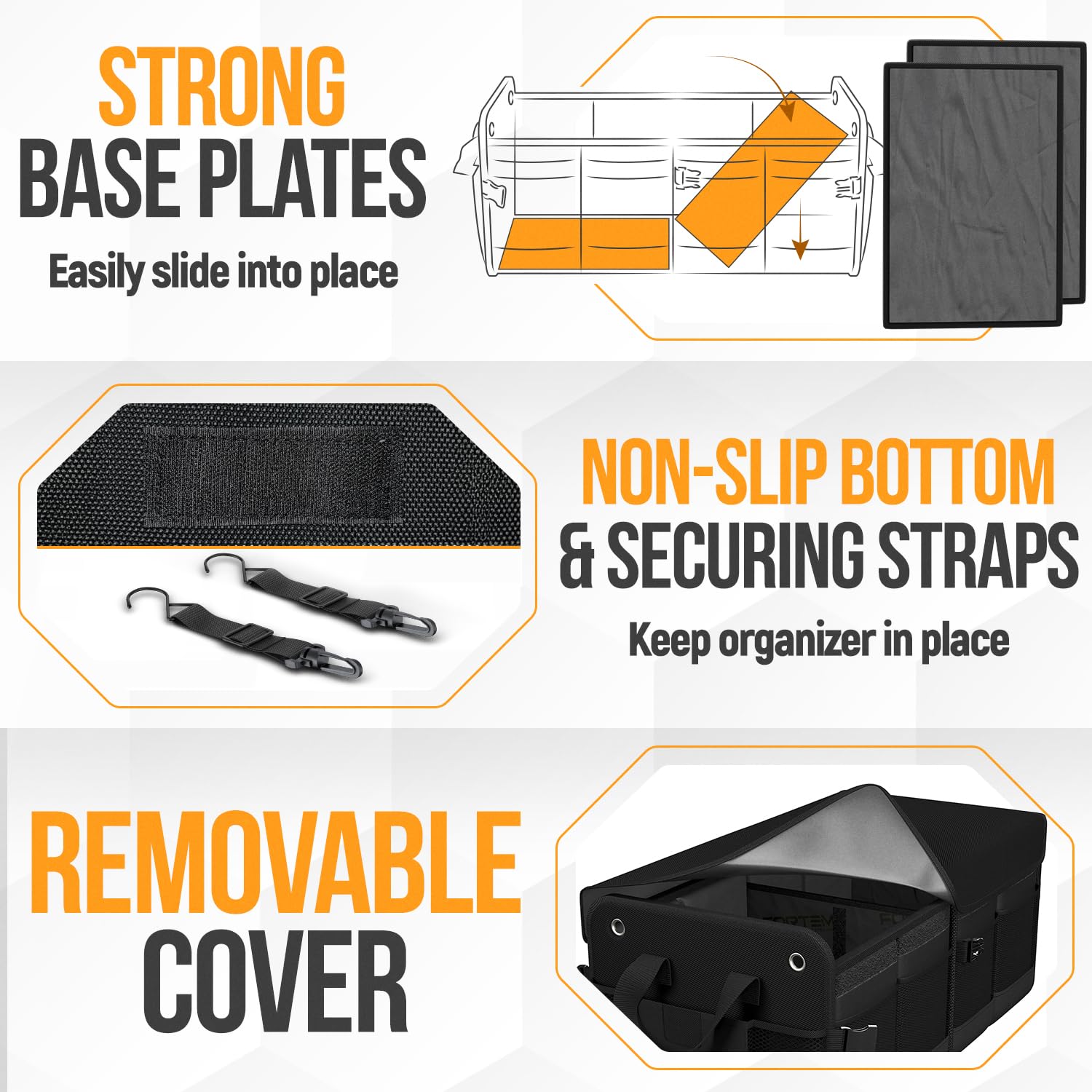 FORTEM elastic side pockets offer quick storage for phones, chargers, and keys.