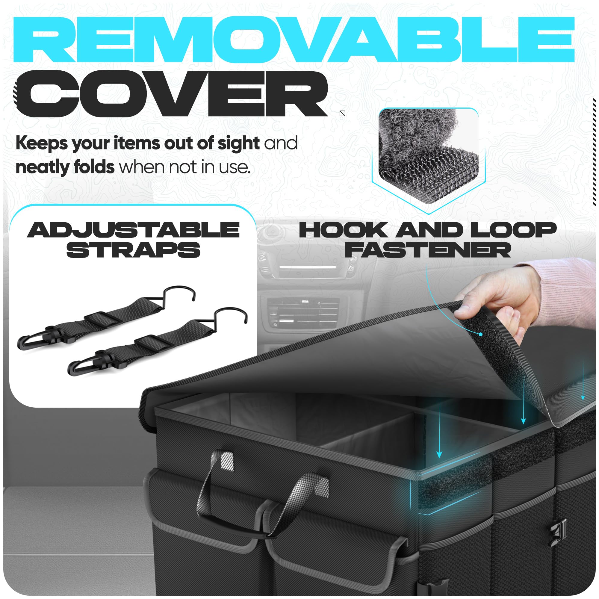 FORTEM trunk organizer with interlocking buckles to link multiple units.