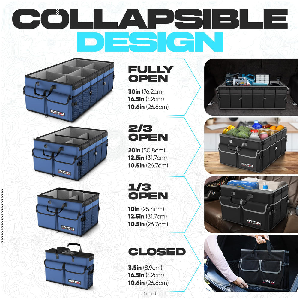 FORTEM Trunk Organizer highlights mesh pockets with lids for quick access.