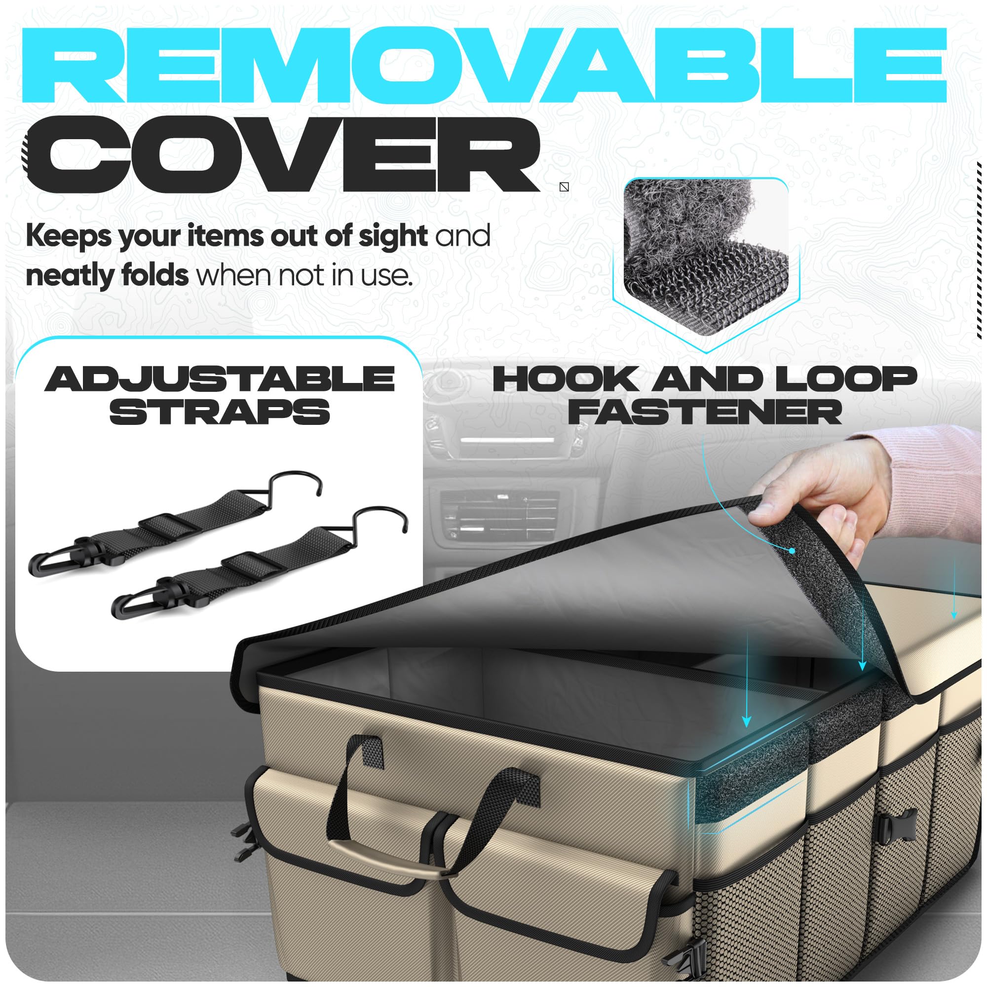 Removable lid keeps items out of sight and protected