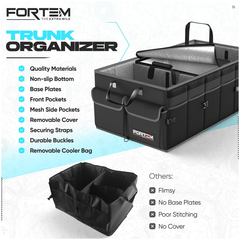 FORTEM Trunk Organizer secure straps fix the unit in place in your trunk