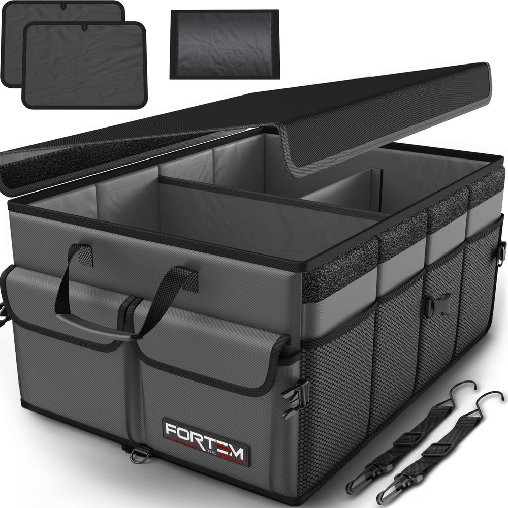 FORTEM trunk organizer with sturdy base plates keeps items stable during drive