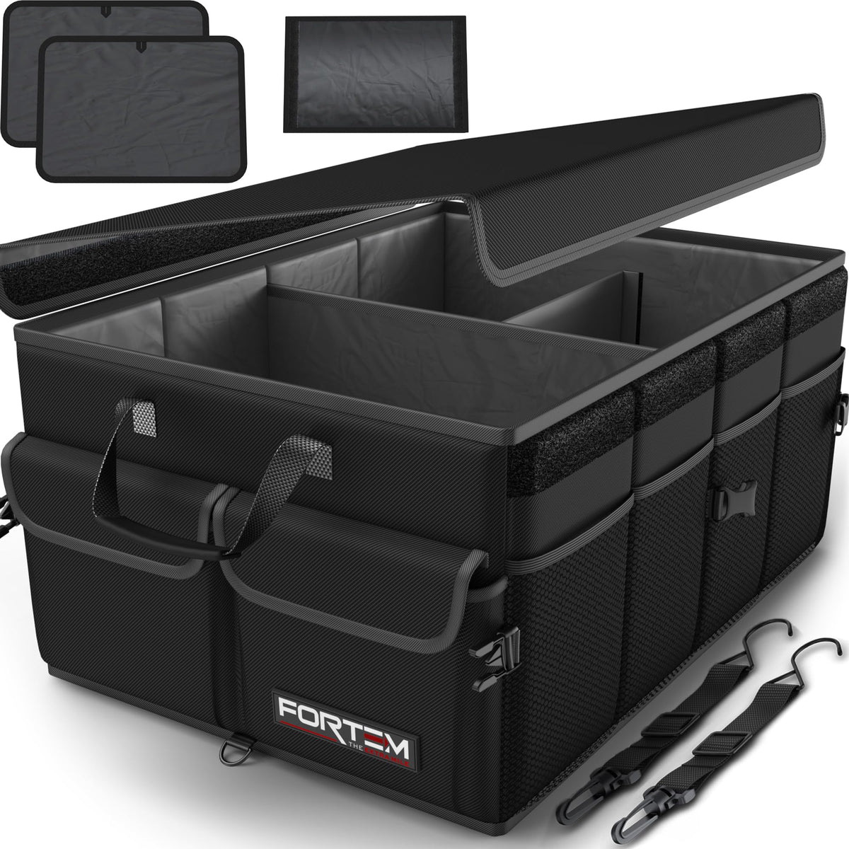 FORTEM trunk organizer demonstrates sturdy box design for organized trunk.