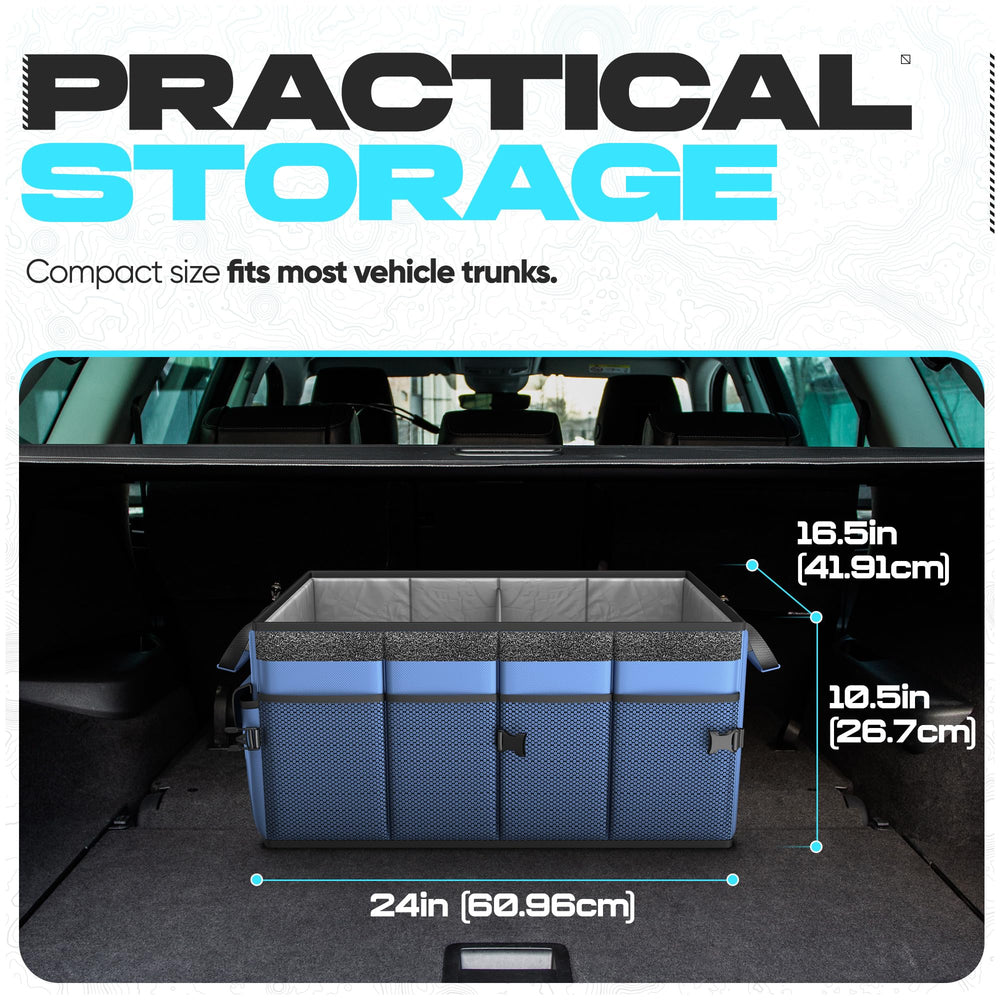 FORTEM trunk organizer features adjustable straps to secure to your trunk.