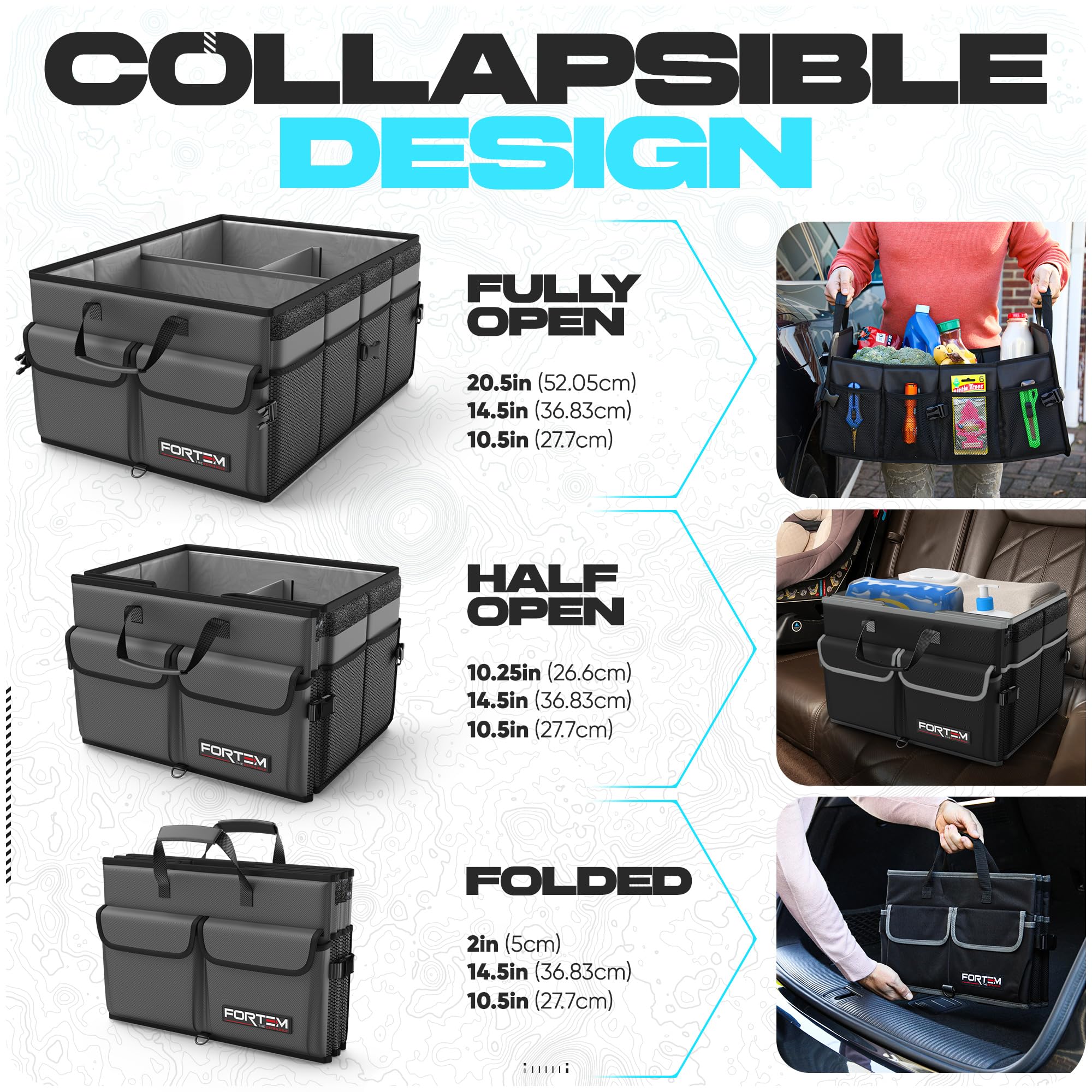FORTEM trunk organizer interlocking buckles allow connecting extra units securely.
