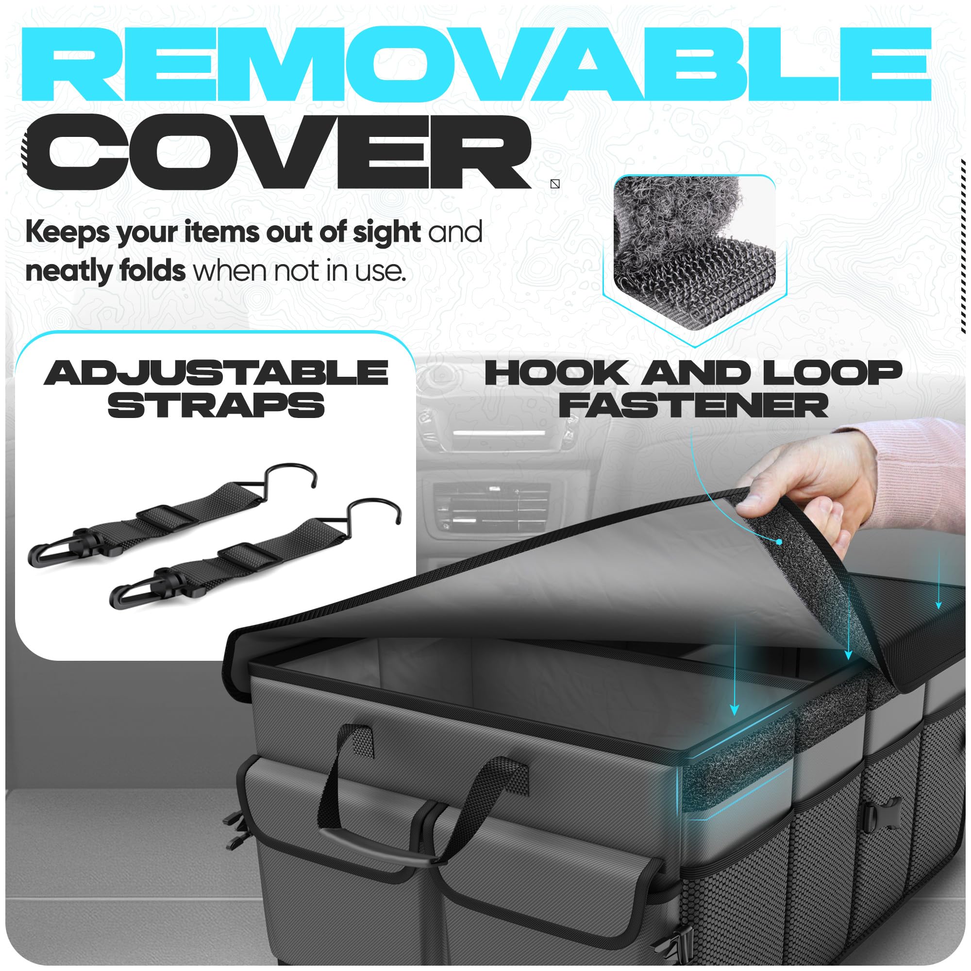 FORTEM trunk organizer multiple compartments organize groceries, toys, and more.