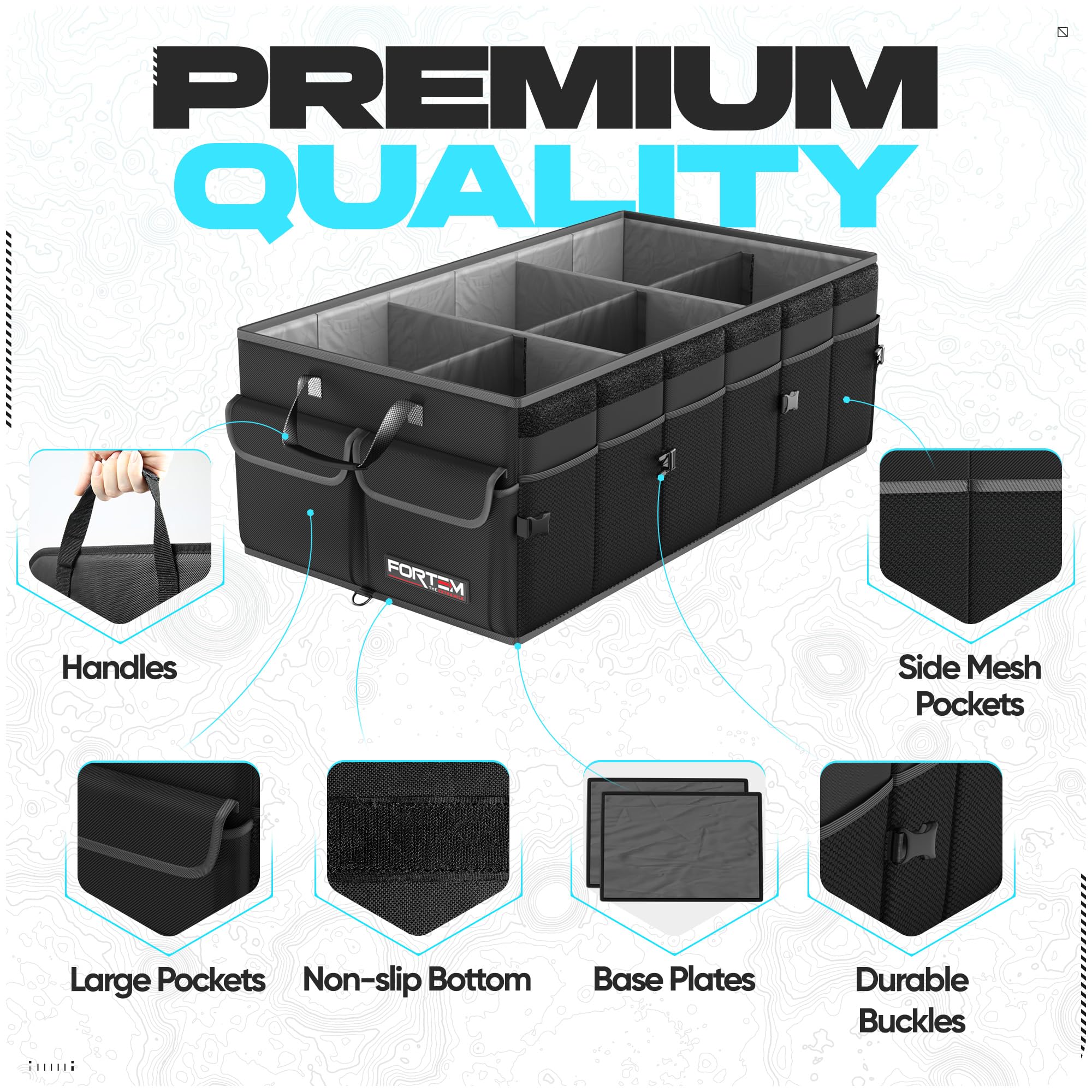 FORTEM trunk organizer features non-slip strips to prevent sliding during drives.