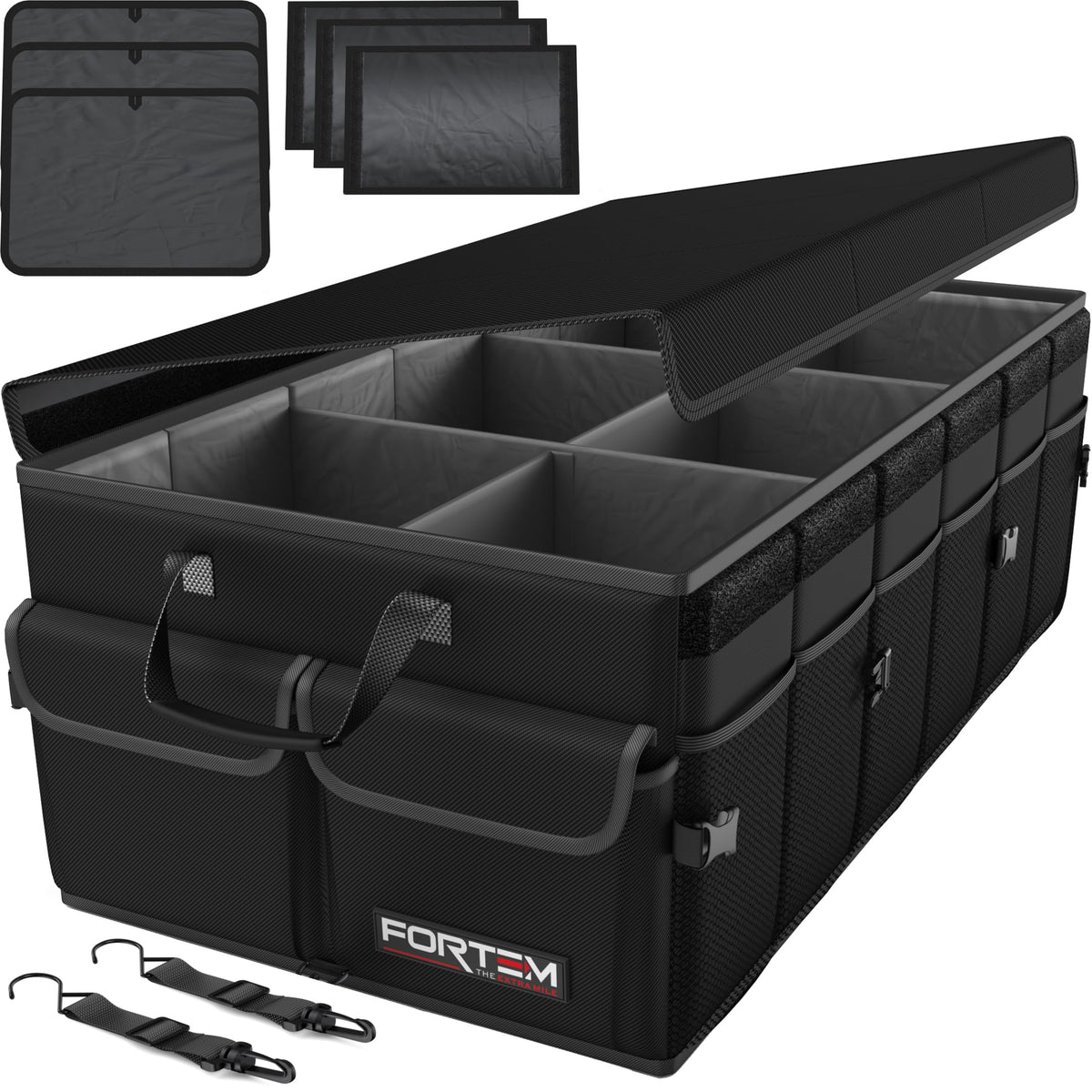 FORTEM trunk organizer shows rigid base plates for stable SUV storage.