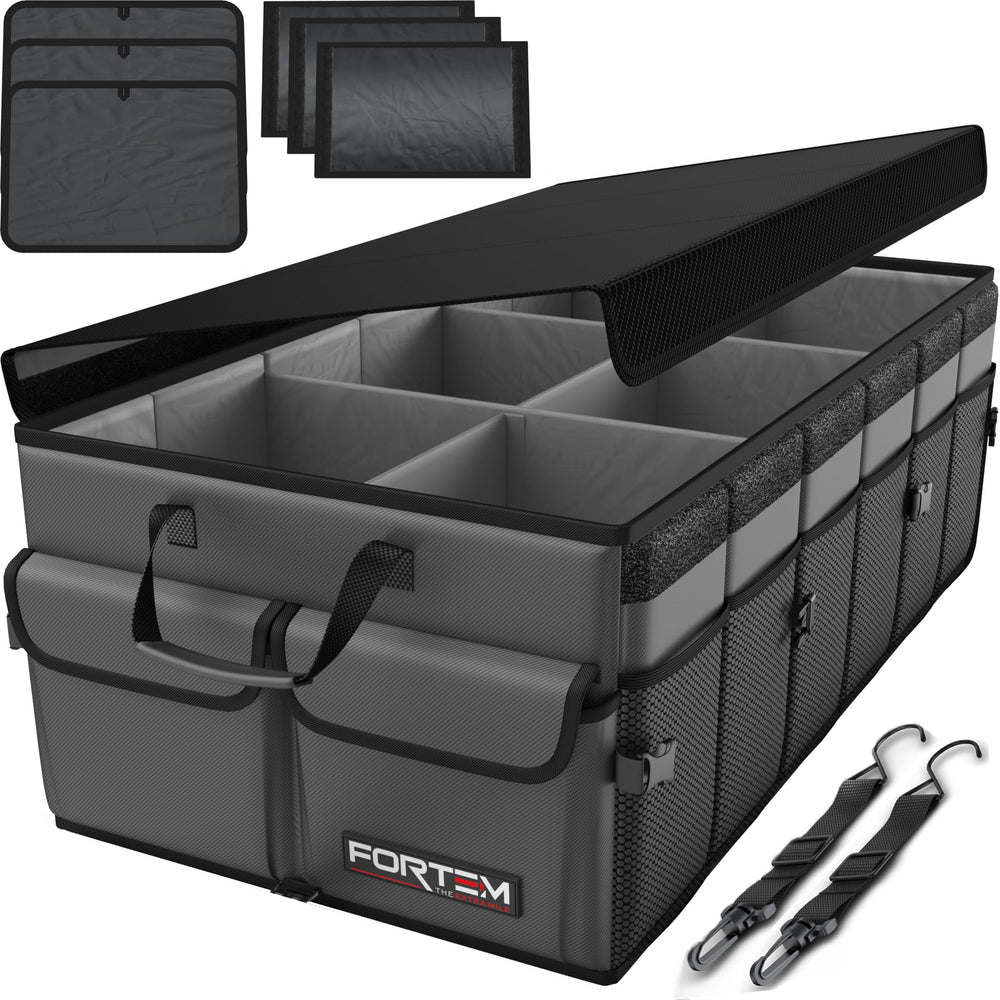 FORTEM trunk organizer for SUV with sturdy base stabilizes cargo.
