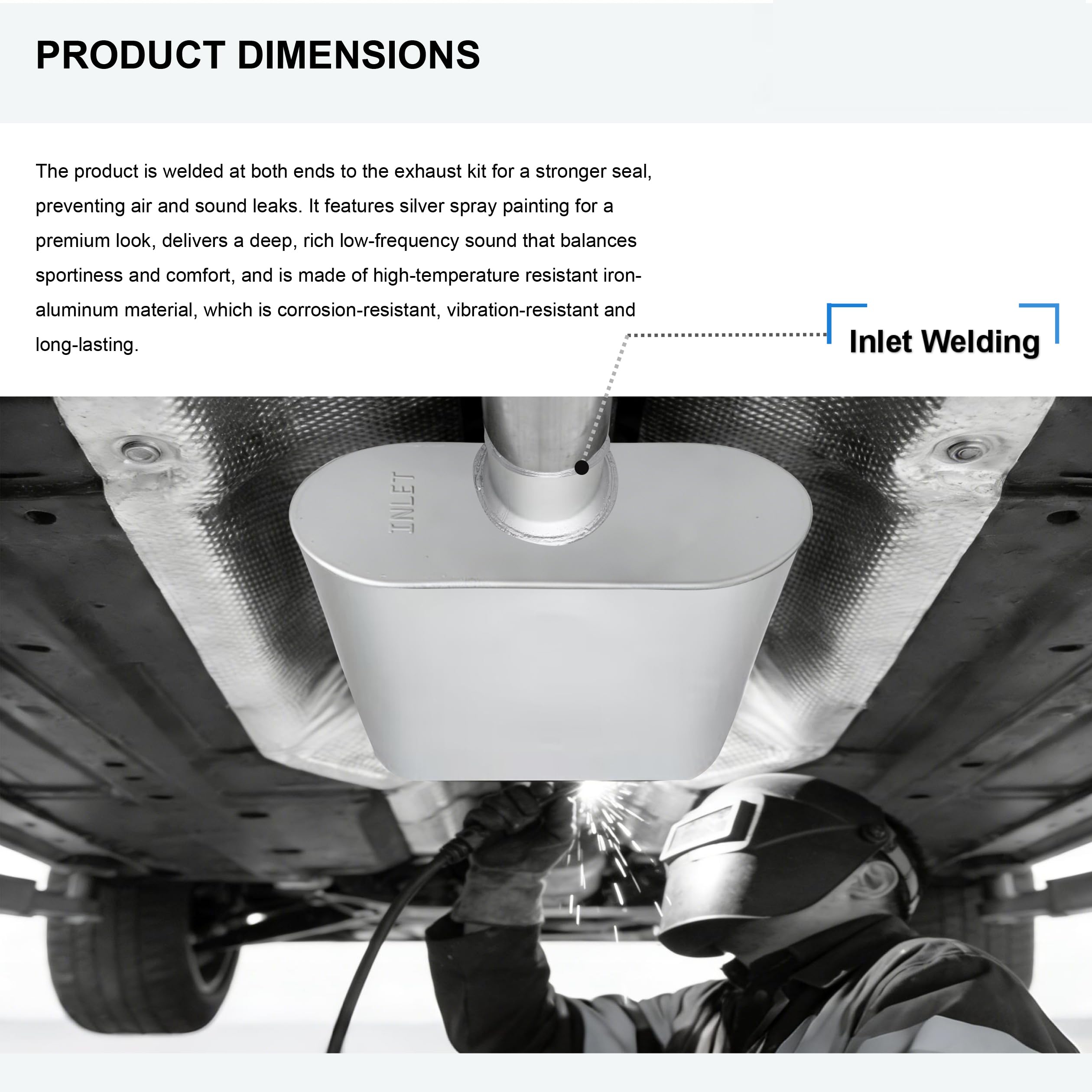 FortisArc universal muffler installation-ready with clear INLET marking for DIY fit.