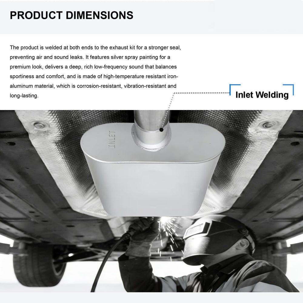 FortisArc universal muffler installation-ready with clear INLET marking for DIY fit.