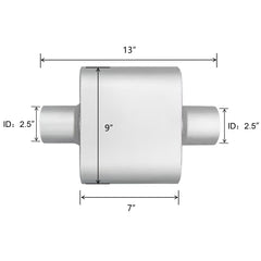 FortisArc universal muffler inlet-outlet view highlighting standard 2.5-inch sizing for easy fit.