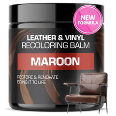 Fortivo leather balm maroon bottle pour for easy, controlled color touch-ups on furniture.