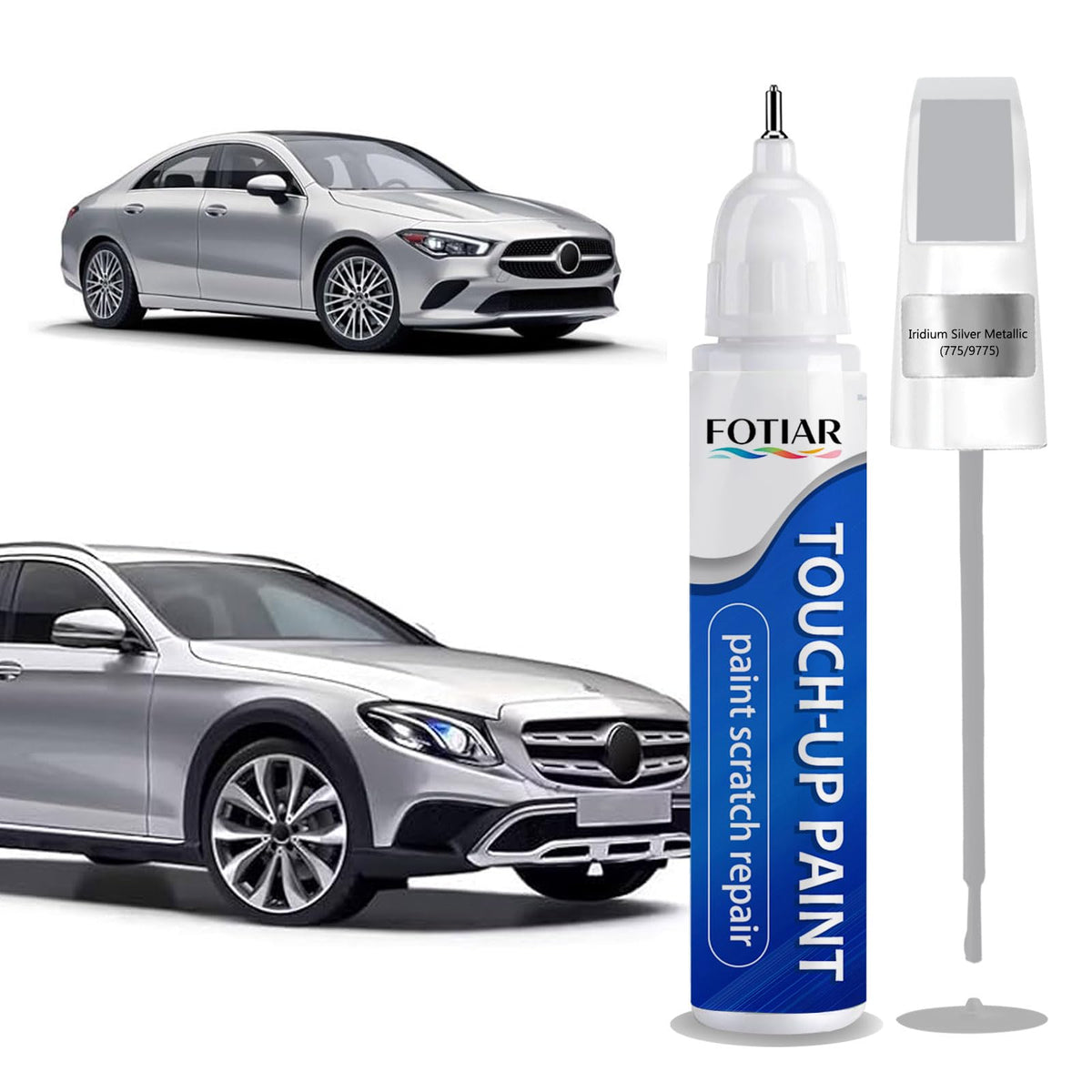 Fotiar 775 Iridium Silver touch-up pen close-up showing exact color match for Mercedes-Benz nicks.