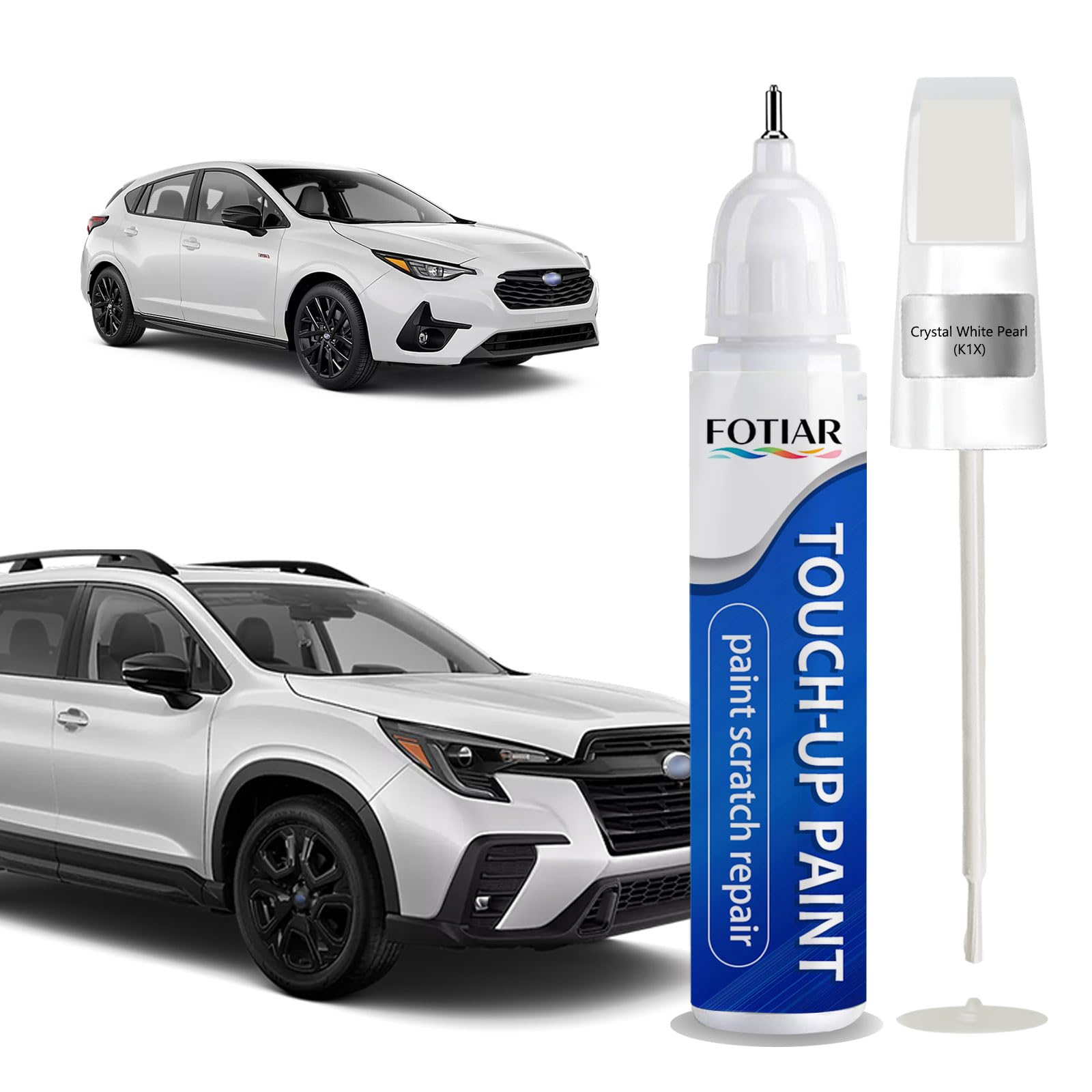 Fotiar Crystal White Pearl K1X bottle close-up for precise Subaru color matching.