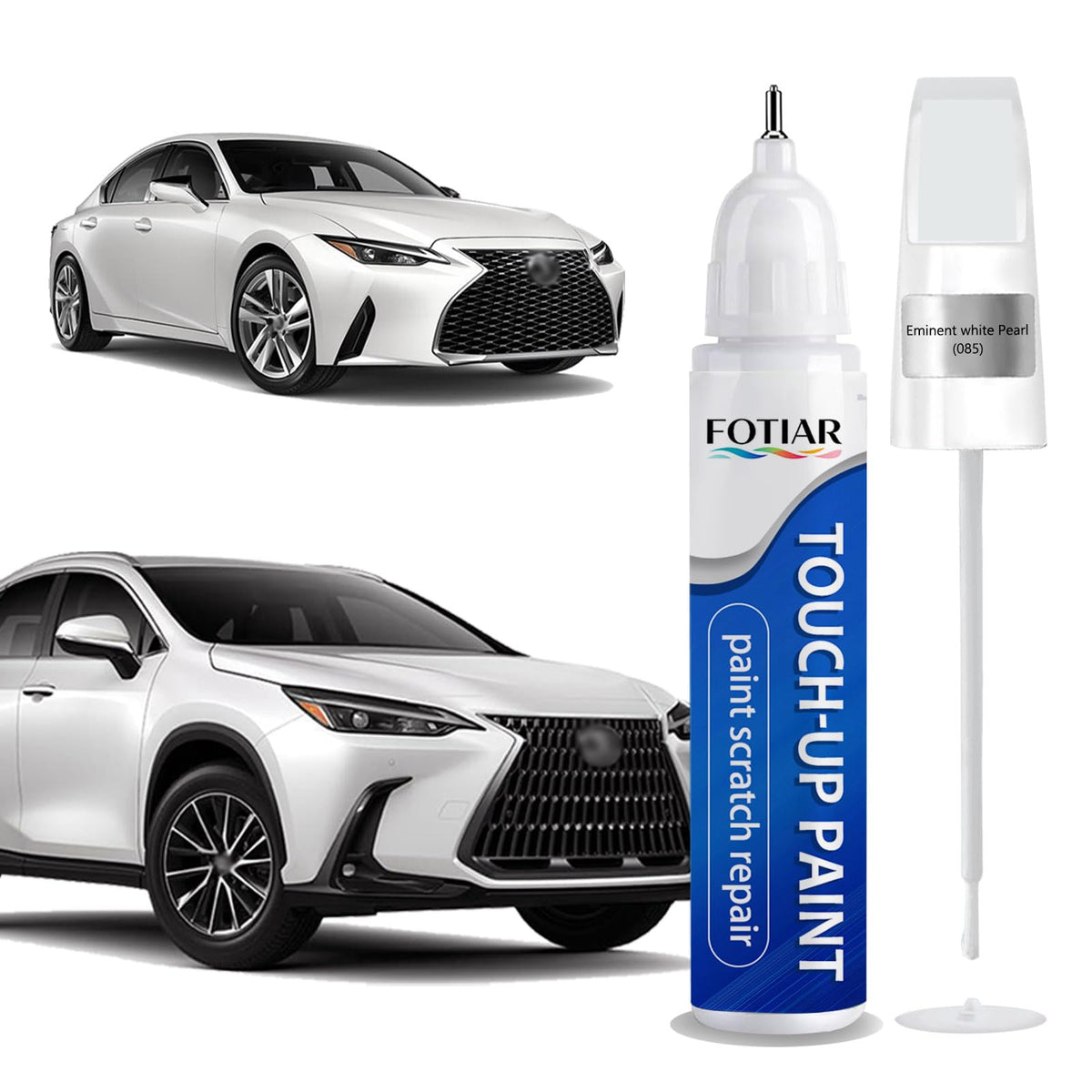 Fotiar Eminent White Pearl 085 bottle-cap shows precise color matching for Lexus touch-ups