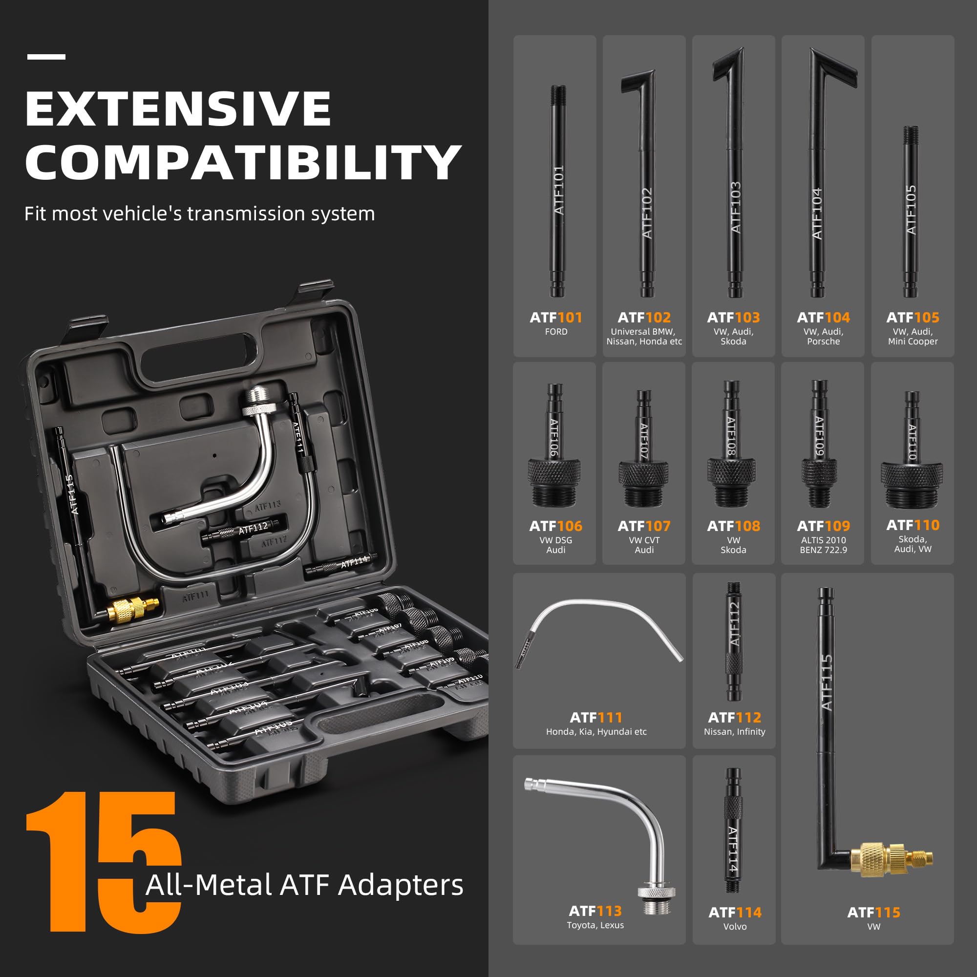 FOUR UNCLES 15 ATF adapters laid out, ensuring broad compatibility for many vehicles.