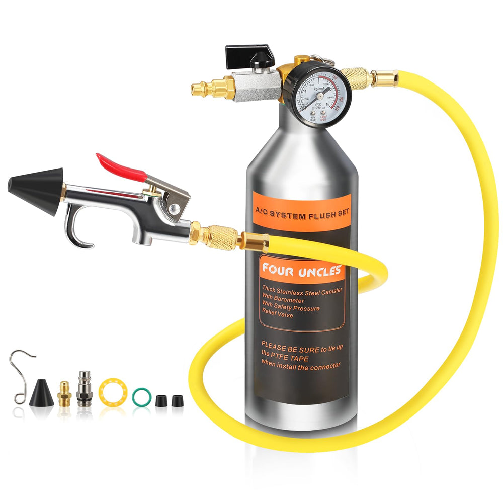 FOUR UNCLES AC Flush Kit canister close-up shows rugged stainless steel for durability.