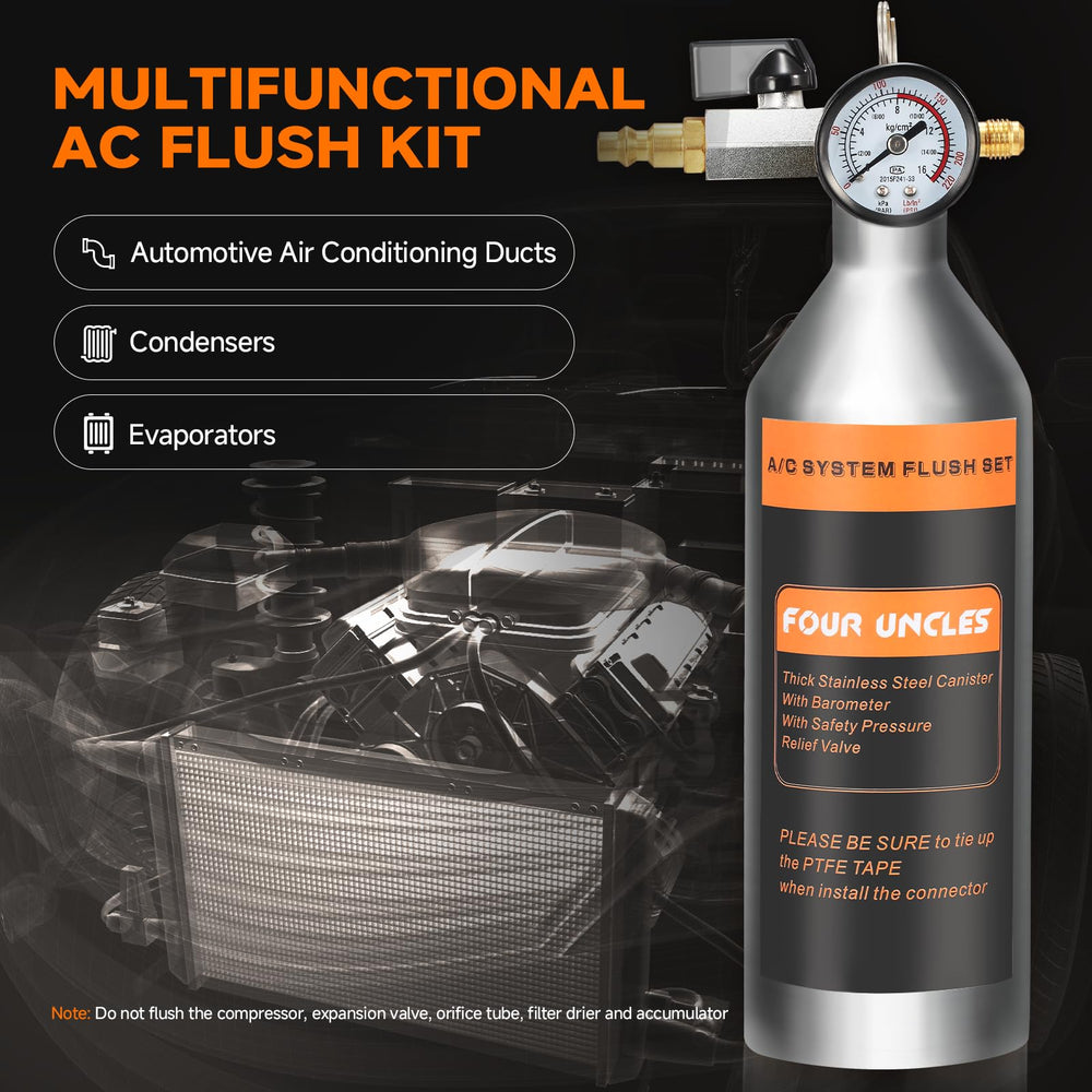 FOUR UNCLES AC Flush Kit packaging and contents shown.
