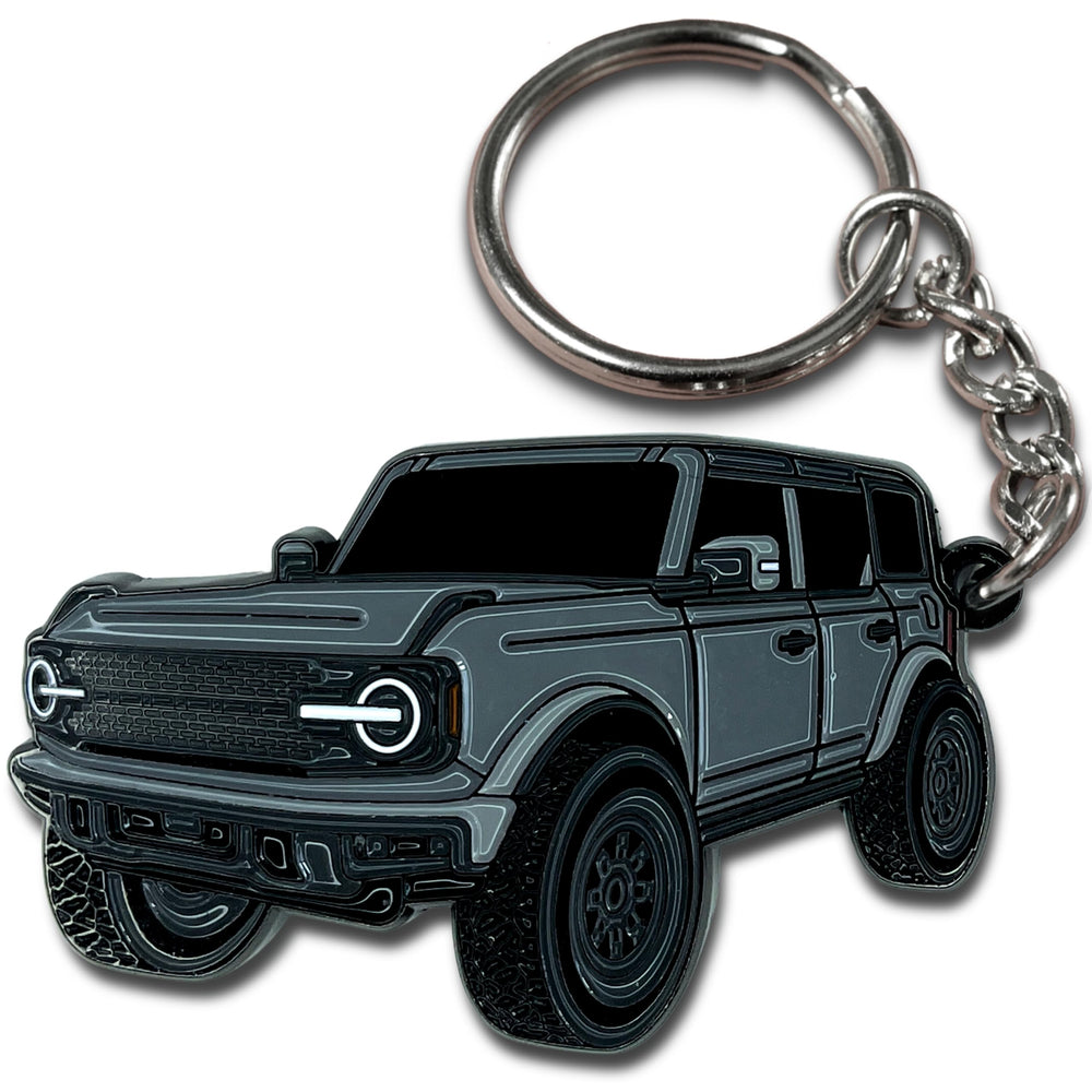 FOUR WHEEL BEAST Bronco keychain carbonized gray front view shows durable enamel finish