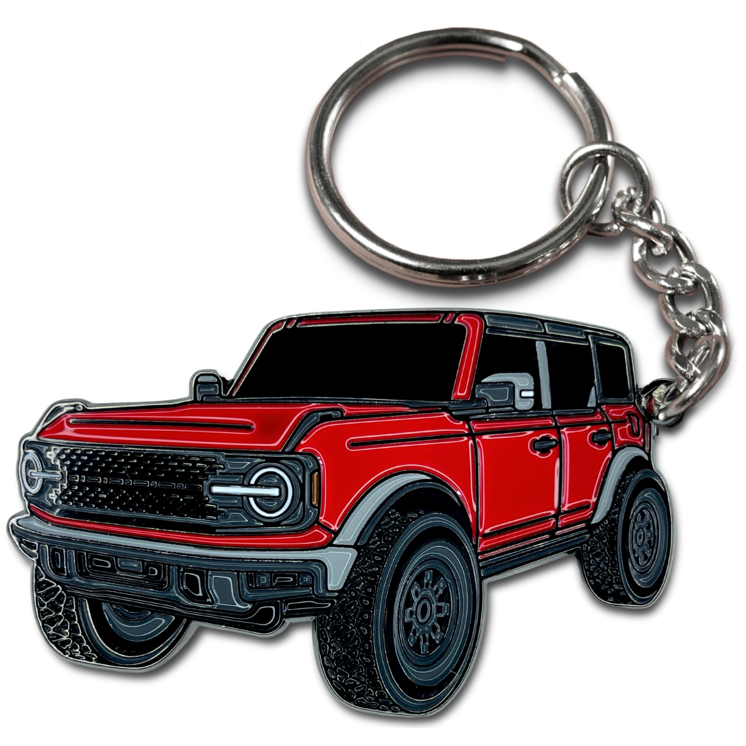 Four Wheel Beast Bronco keychain in red with enamel finish, durable and stylish.