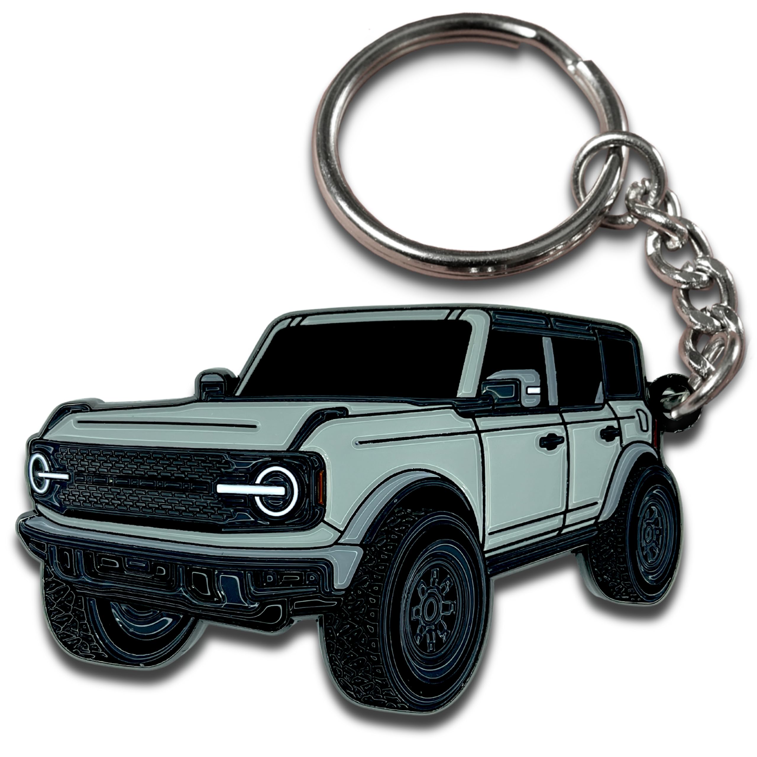 FOUR WHEEL BEAST Bronco keychain silver finish highlights rugged style and metal durability.