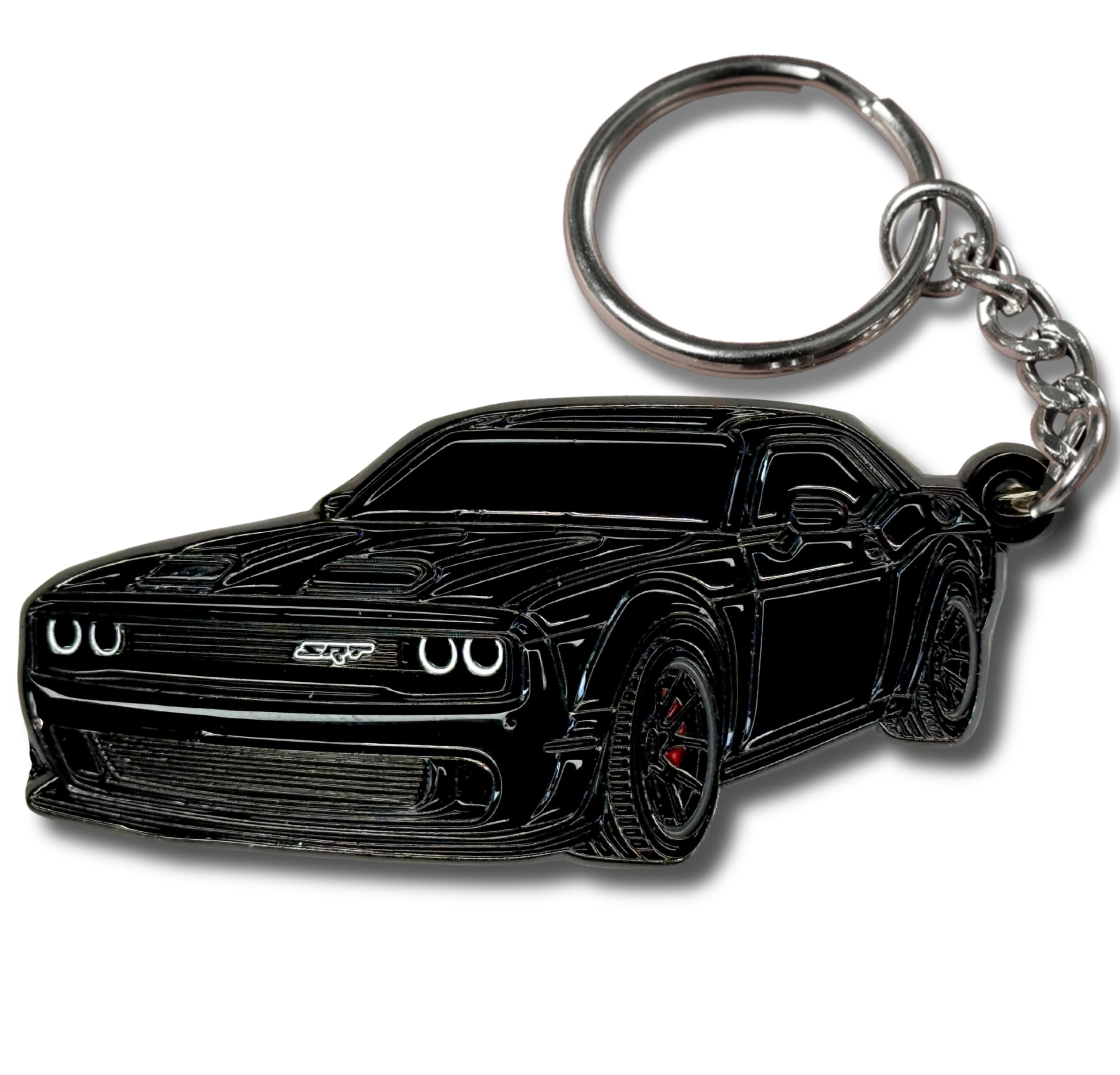FOUR WHEEL BEAST Dodge Challenger keychain front view shows durable metal build for daily use