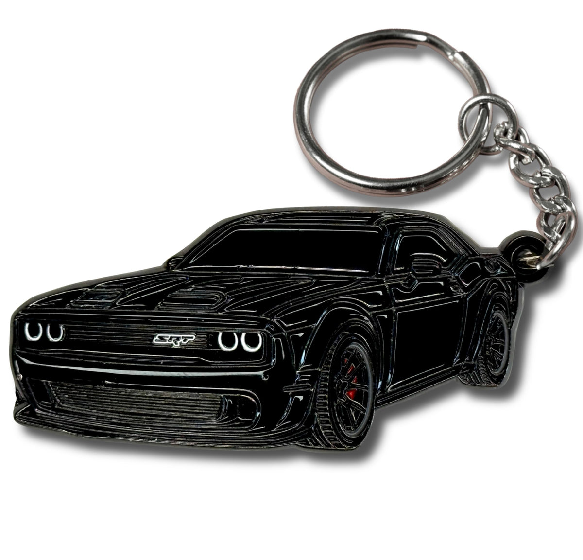 FOUR WHEEL BEAST Dodge Challenger keychain front view shows durable metal build for daily use