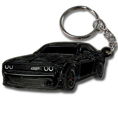 FOUR WHEEL BEAST Dodge Challenger keychain front view shows durable metal build for daily use