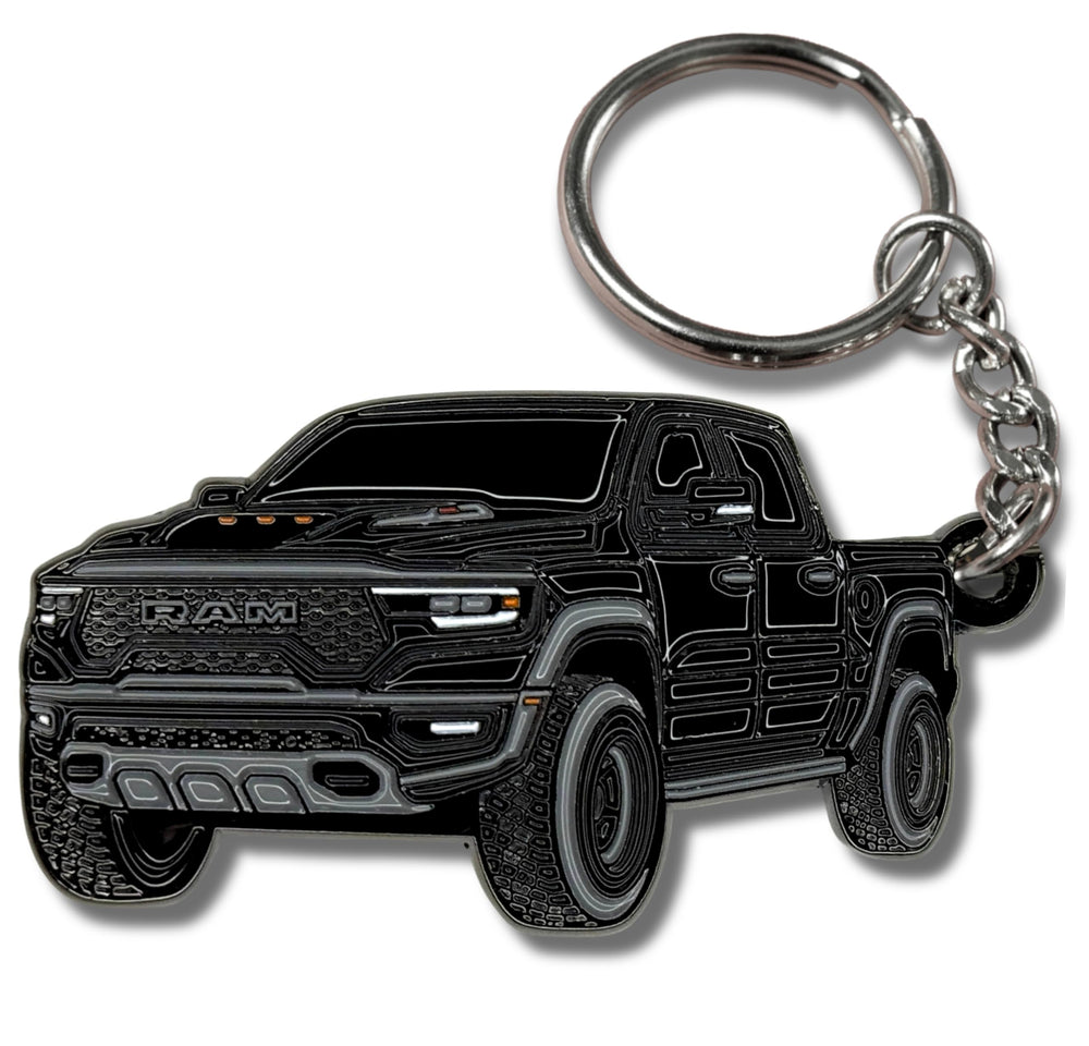 FOUR WHEEL BEAST Dodge Ram keychain close-up with raised details for premium feel