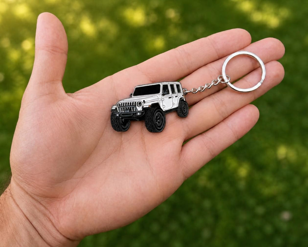 FOUR WHEEL BEAST Jeep Wrangler keychain in sting gray highlights chrome details and daily carry